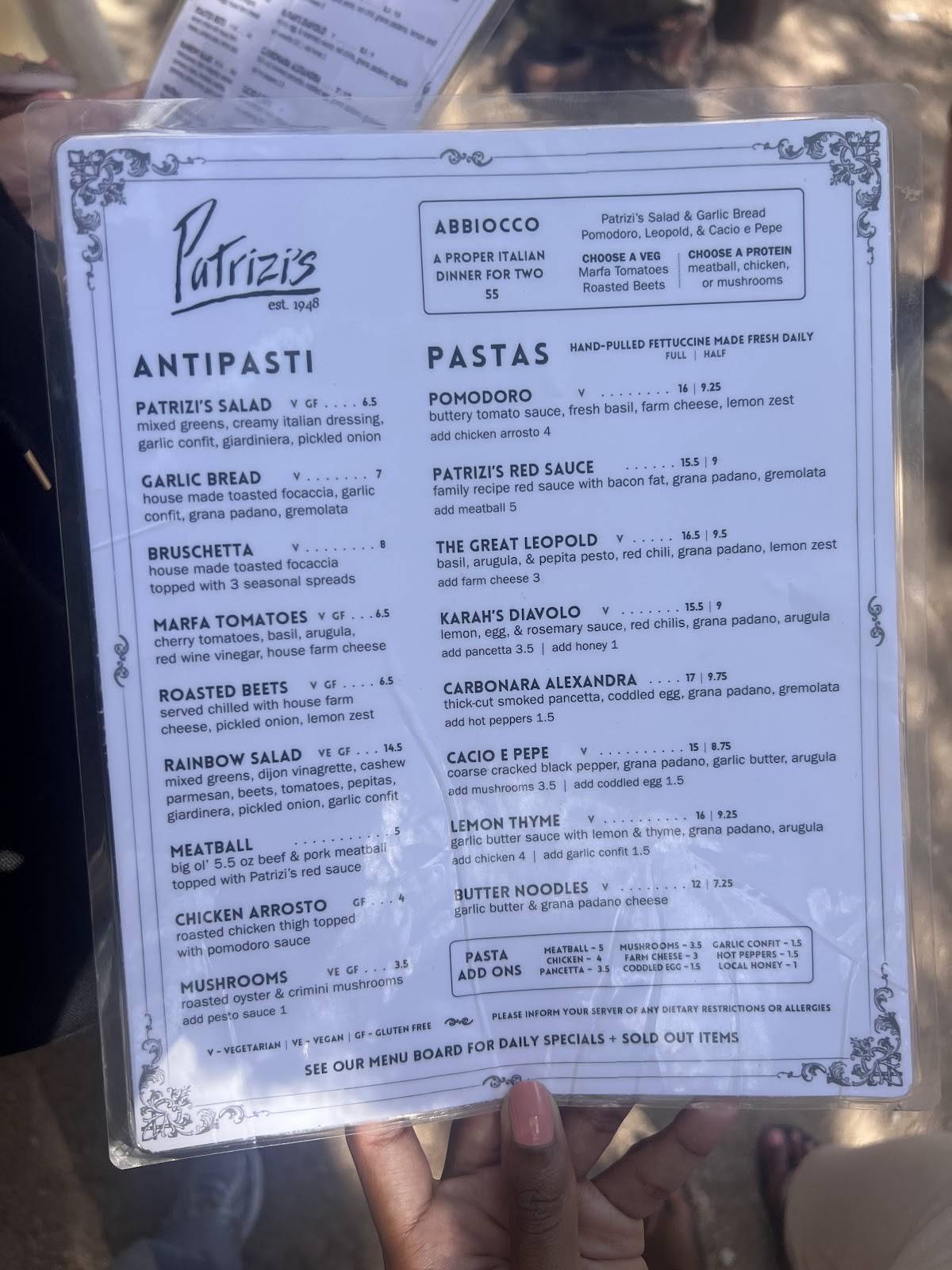 Patrizi's меню