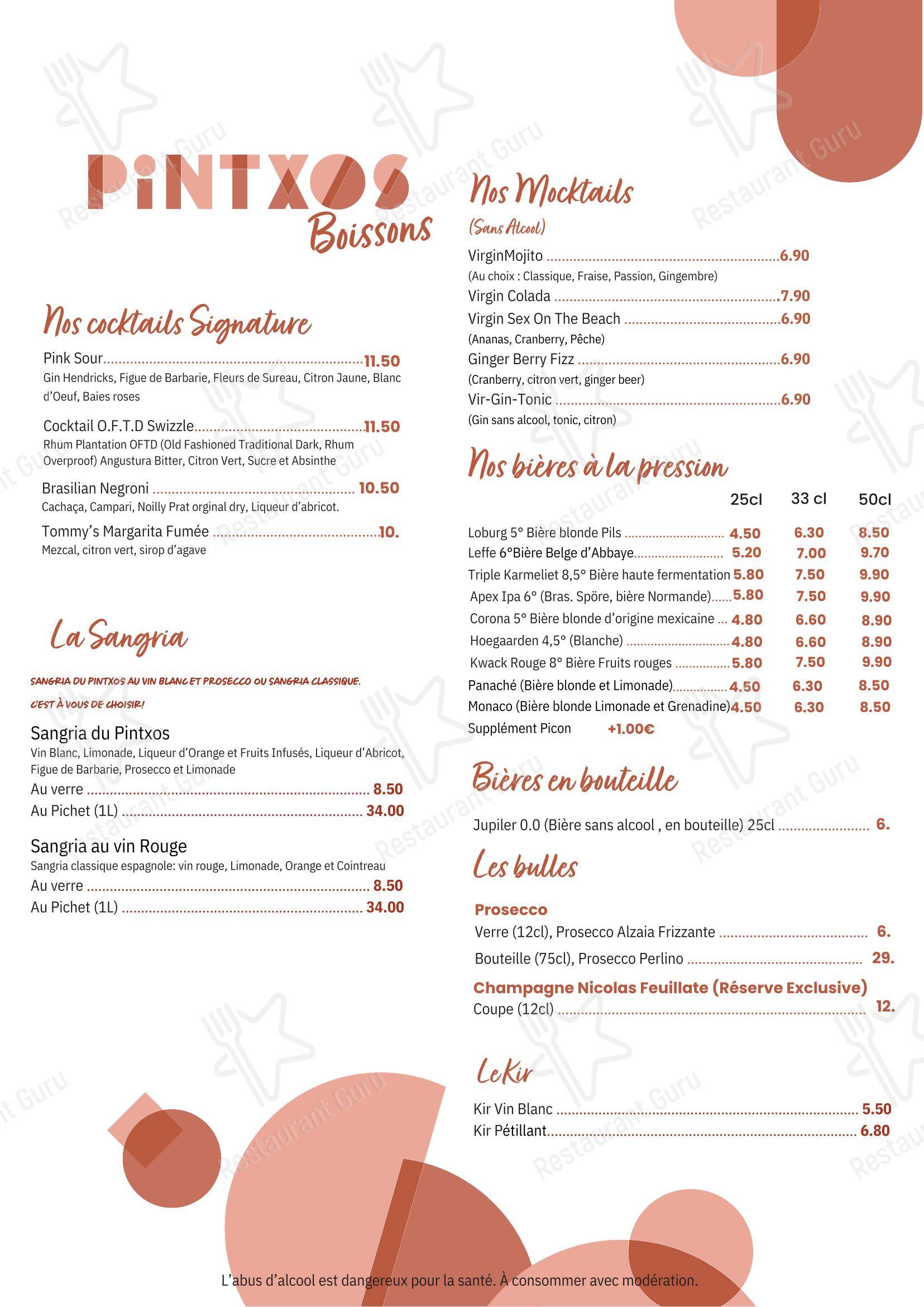 Меню напитков ресторана Pintxos