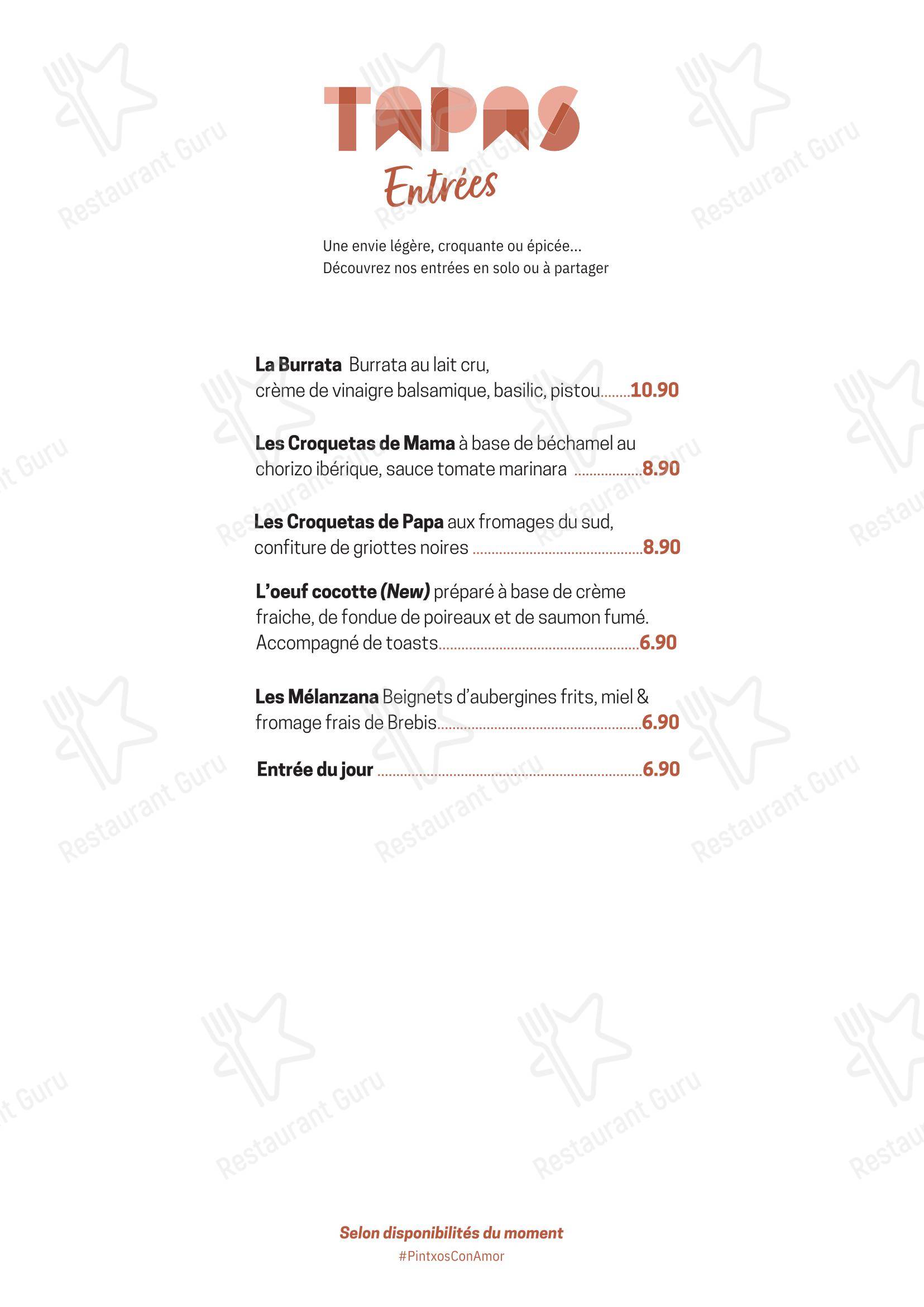 Меню ресторана Pintxos