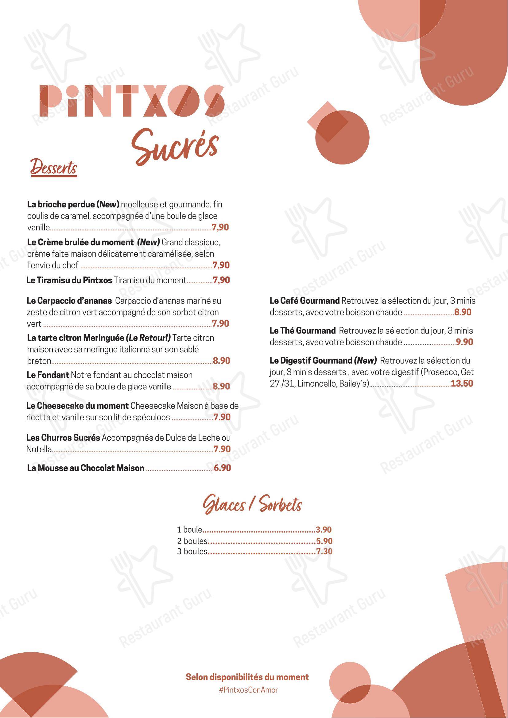 Меню ресторана Pintxos