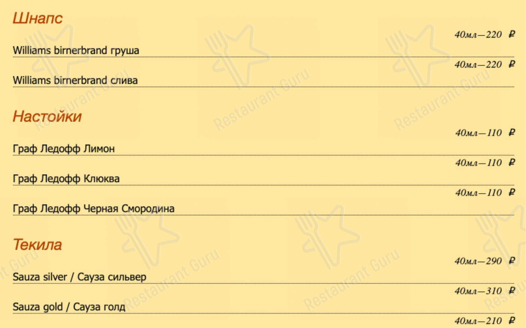 Меню для посетителей паба и бара Арти-паб