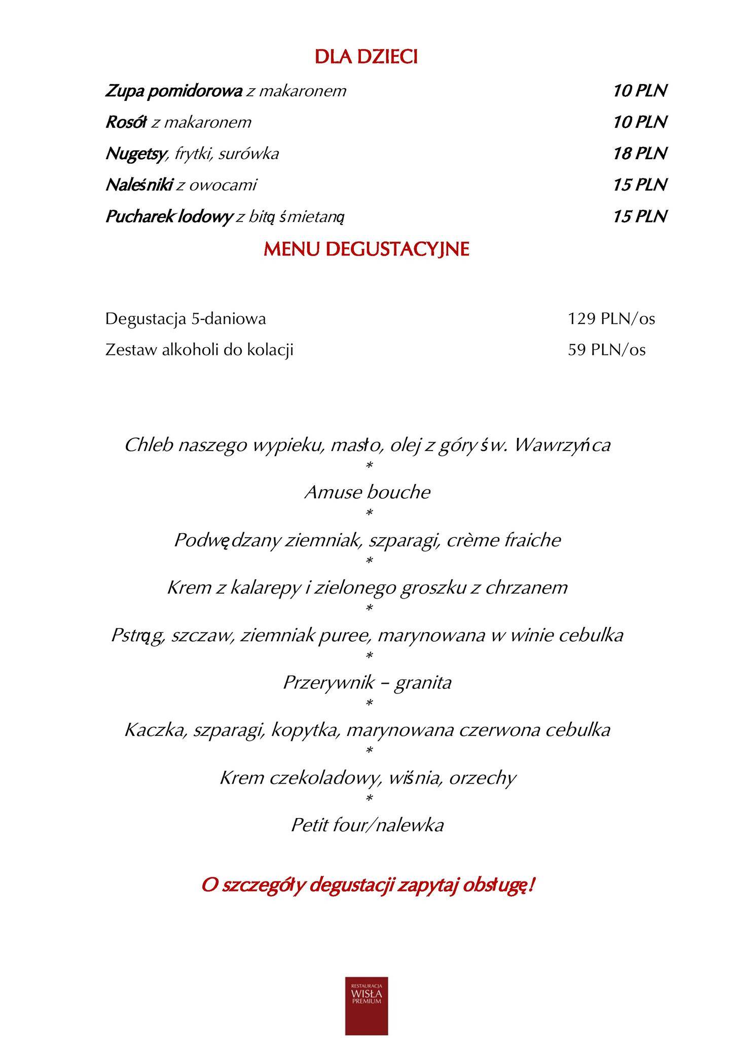 Restauracja Wisła Premium меню
