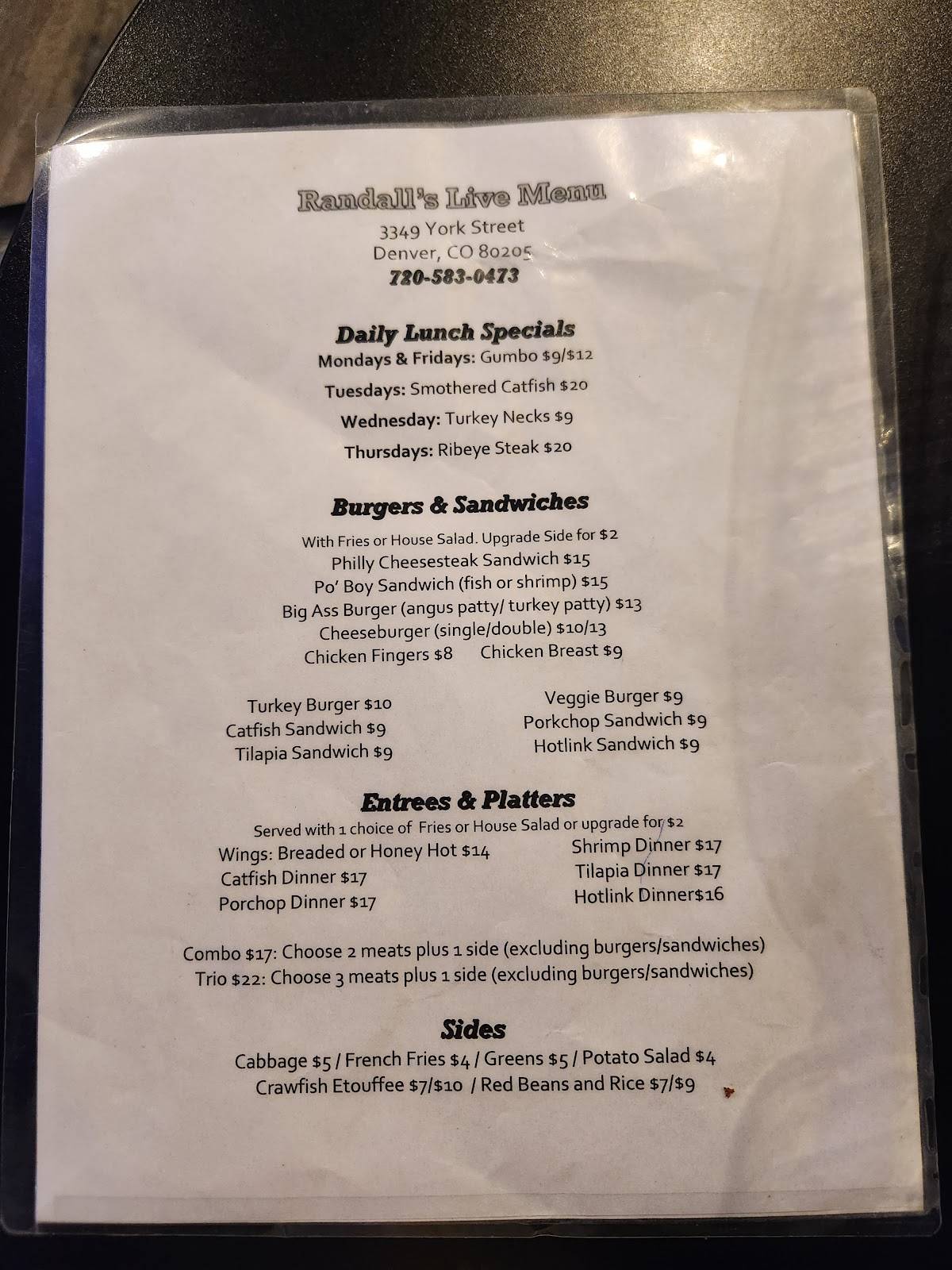 Randall’s меню
