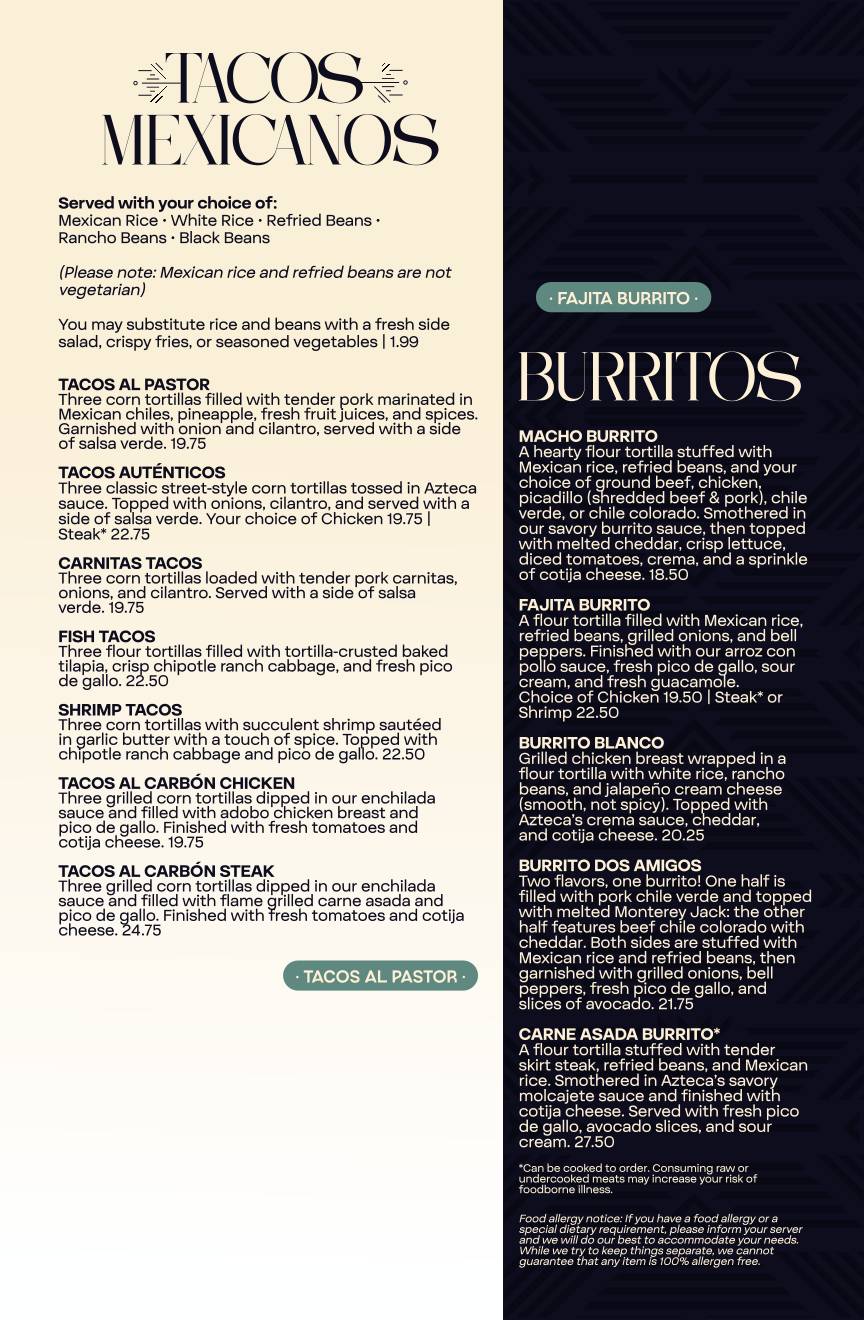 Azteca Mexican Restaurant меню