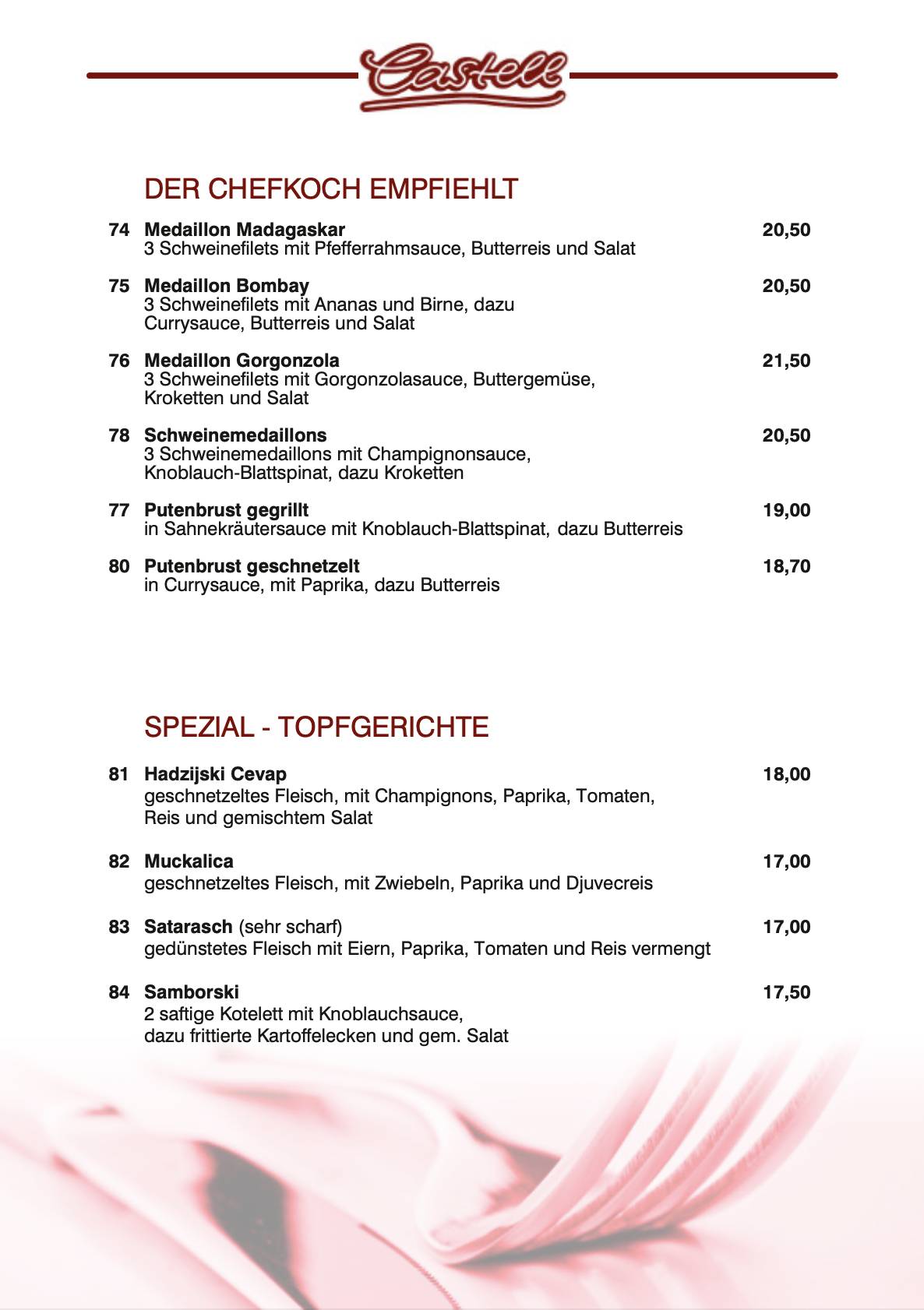 Restaurant Castell меню
