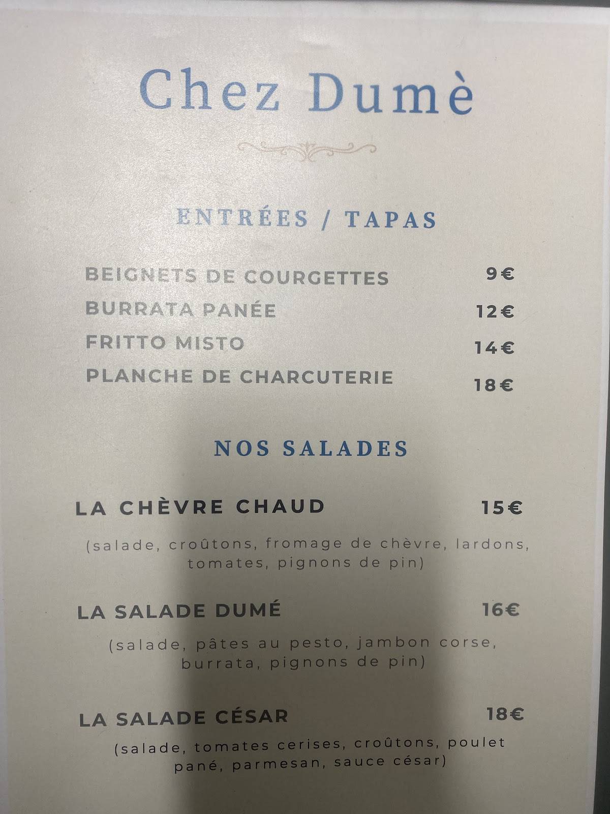 Restaurant Chez Dumè меню