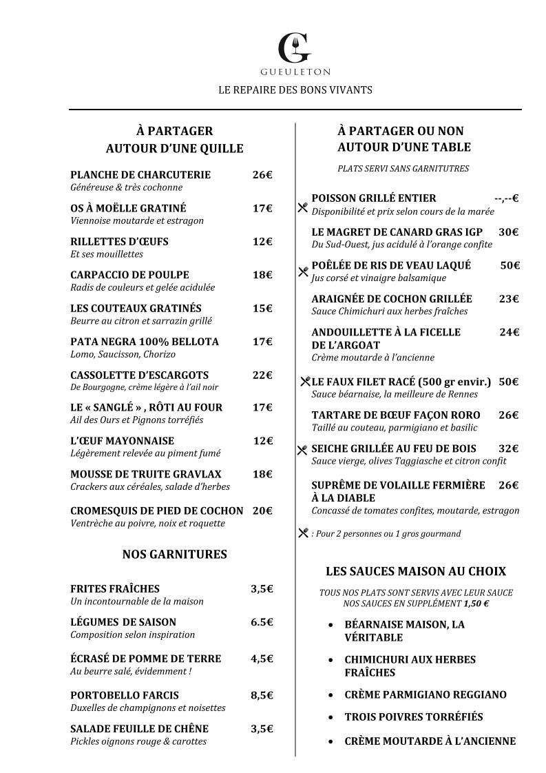 Gueuleton - Rennes меню