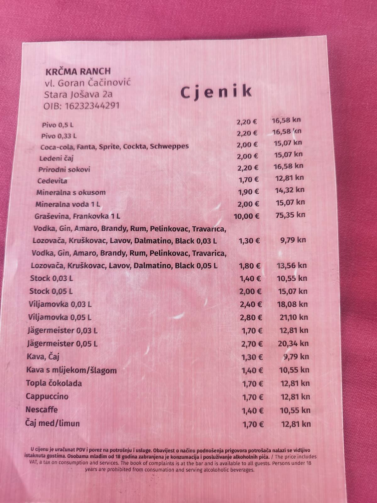 Krčma Ranch меню