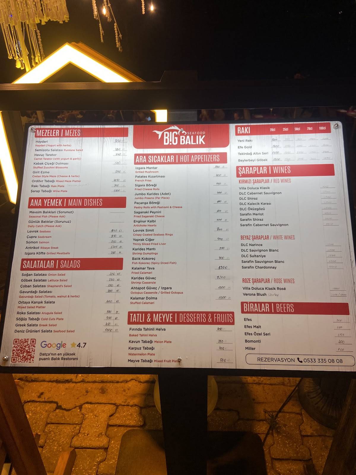 Kumluk Big Balık Datça Restaurant меню