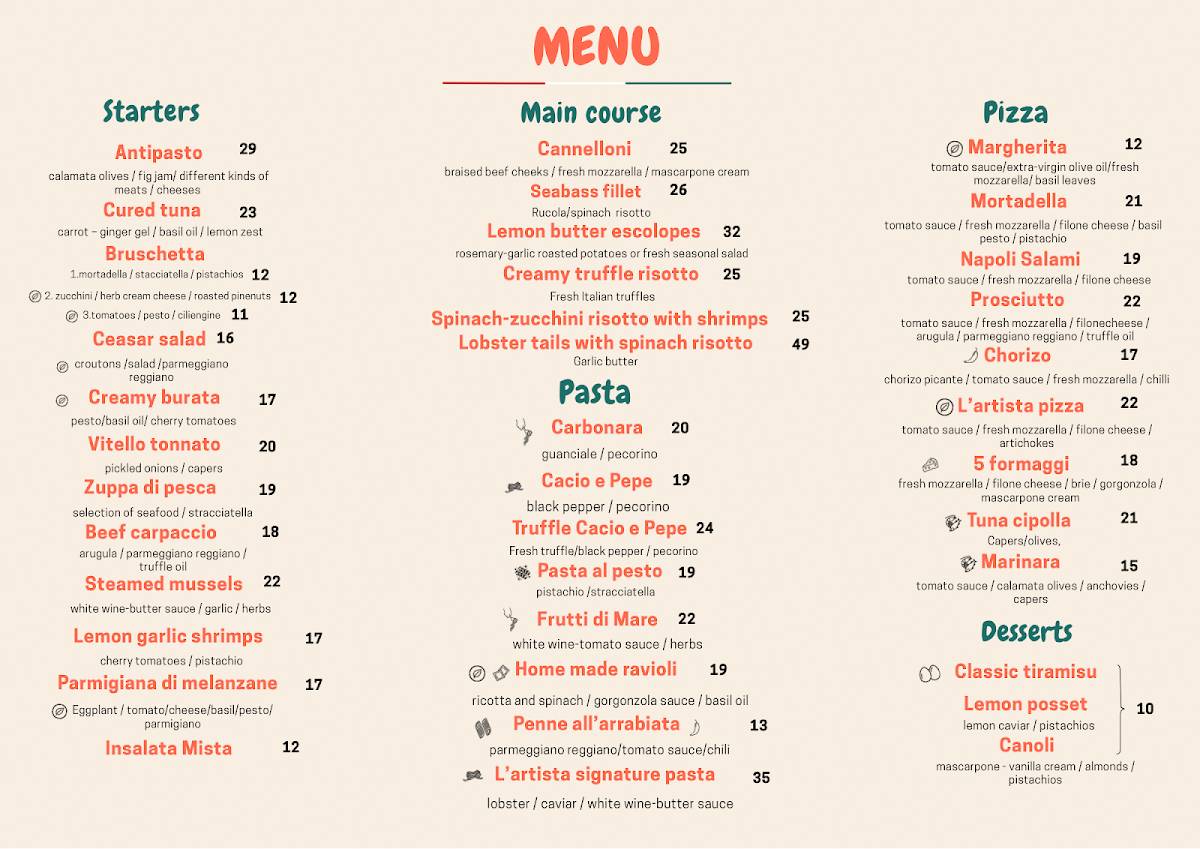 L'artista Restaurant меню