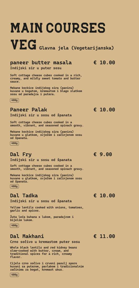 MASLACA MASALA Indian Restaurant in Montenegro. меню