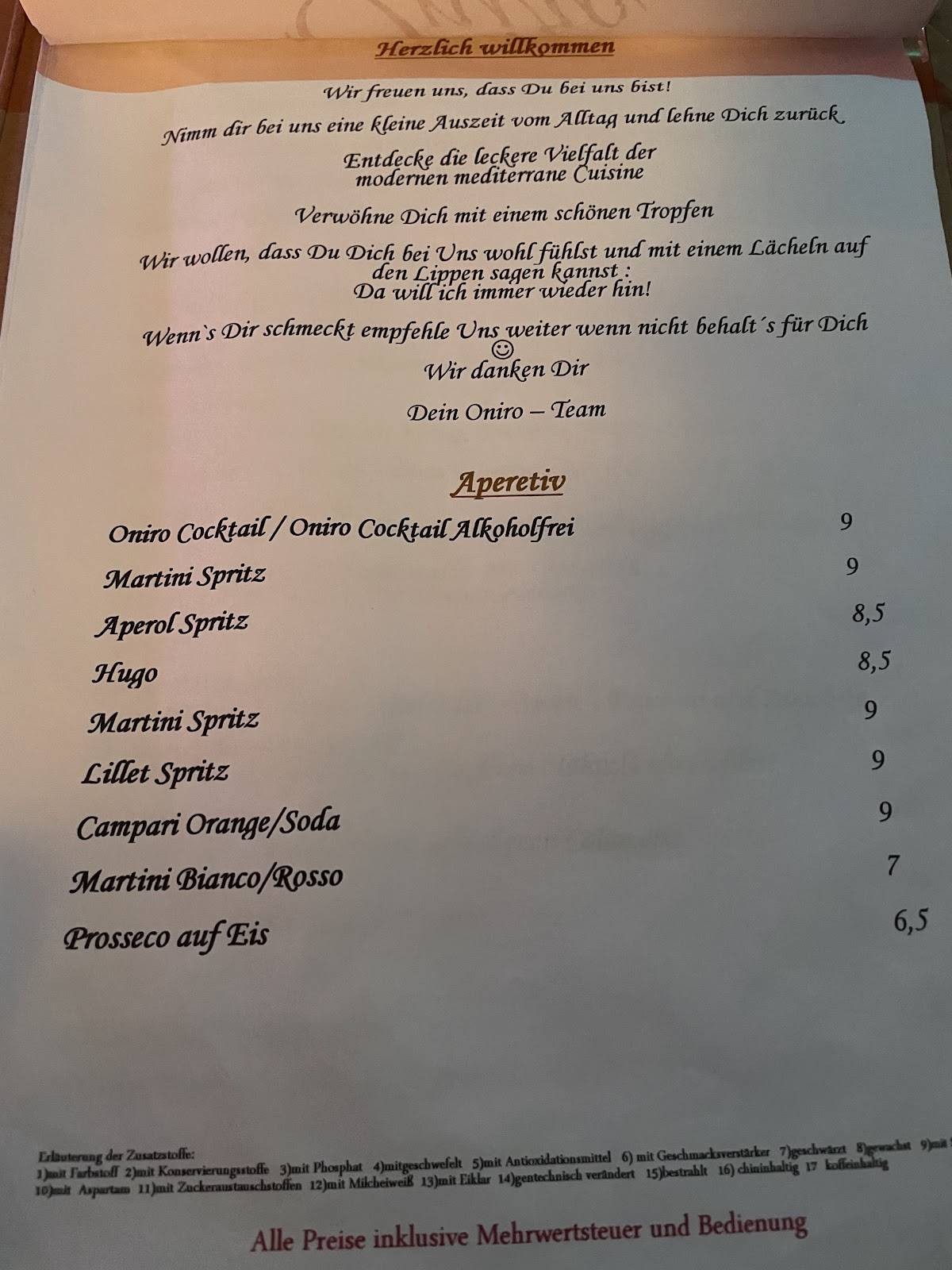 Restaurant Oniro меню
