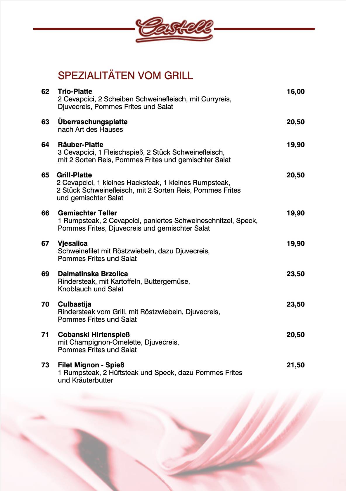 Restaurant Castell меню