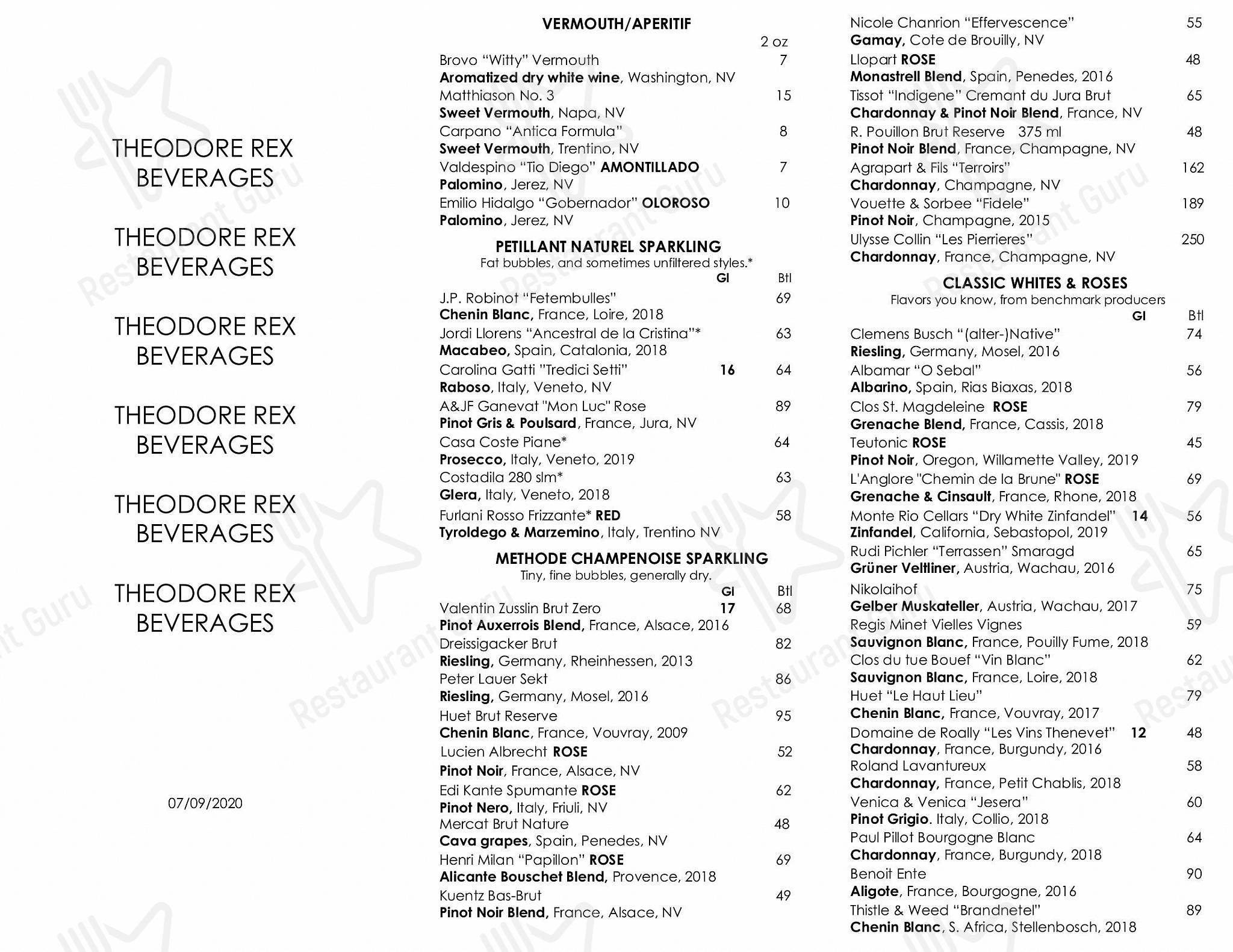 Меню ресторана Theodore Rex