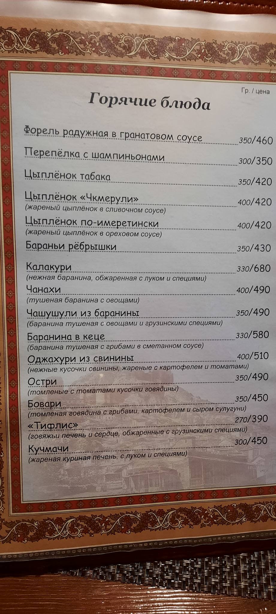Тифлисъ меню