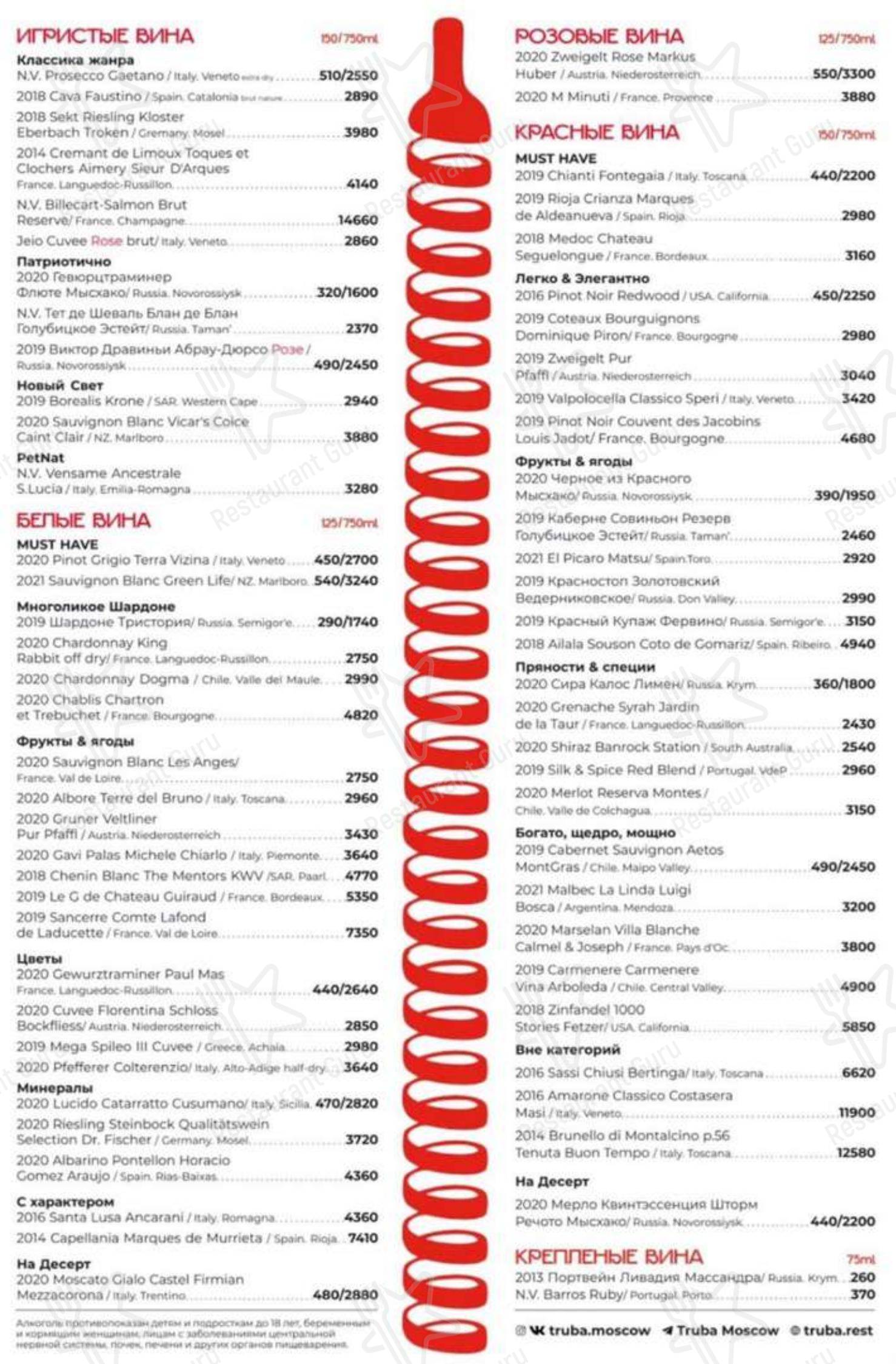 Меню ресторана Truba Bar & Караоке