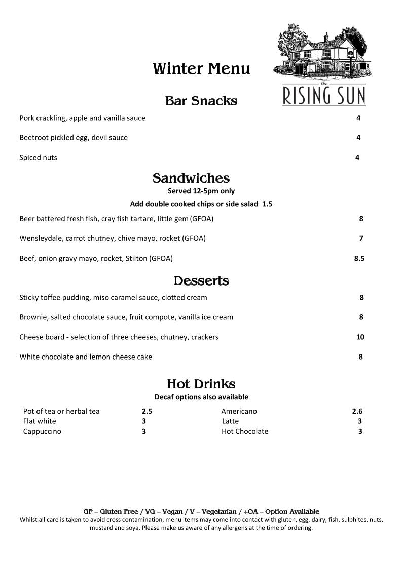 Rising Sun Inn меню