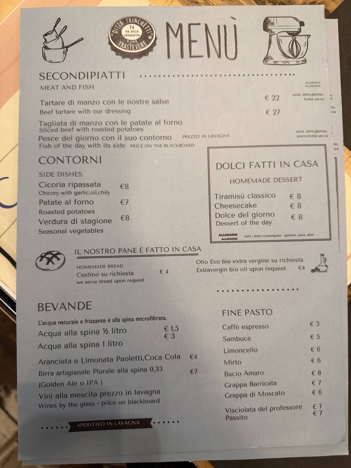 Ristorante Trastevere Roma - Ditta Trinchetti меню