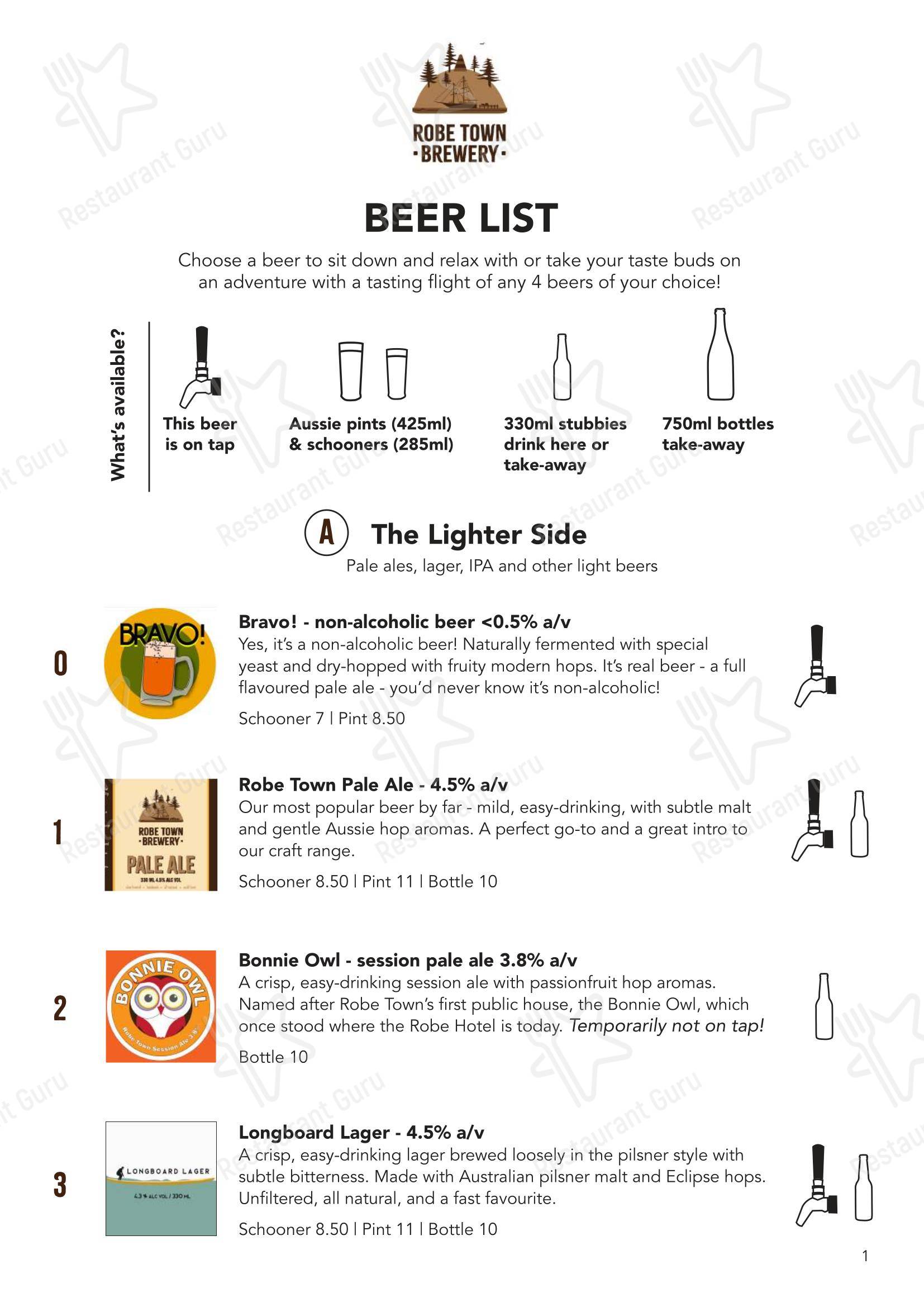 Robe Town Brewery в Робе - Меню напитков