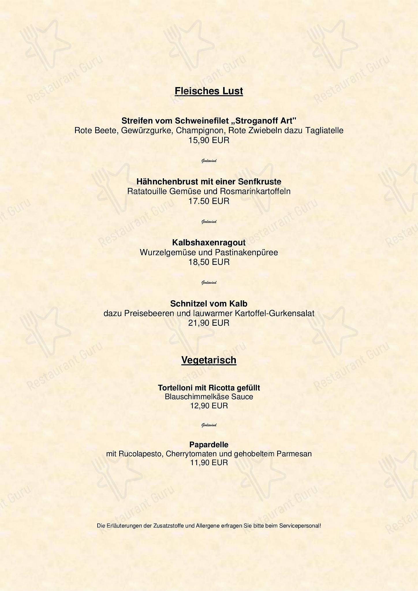 Hotel Godewind в Ростоке - Dinner Menu