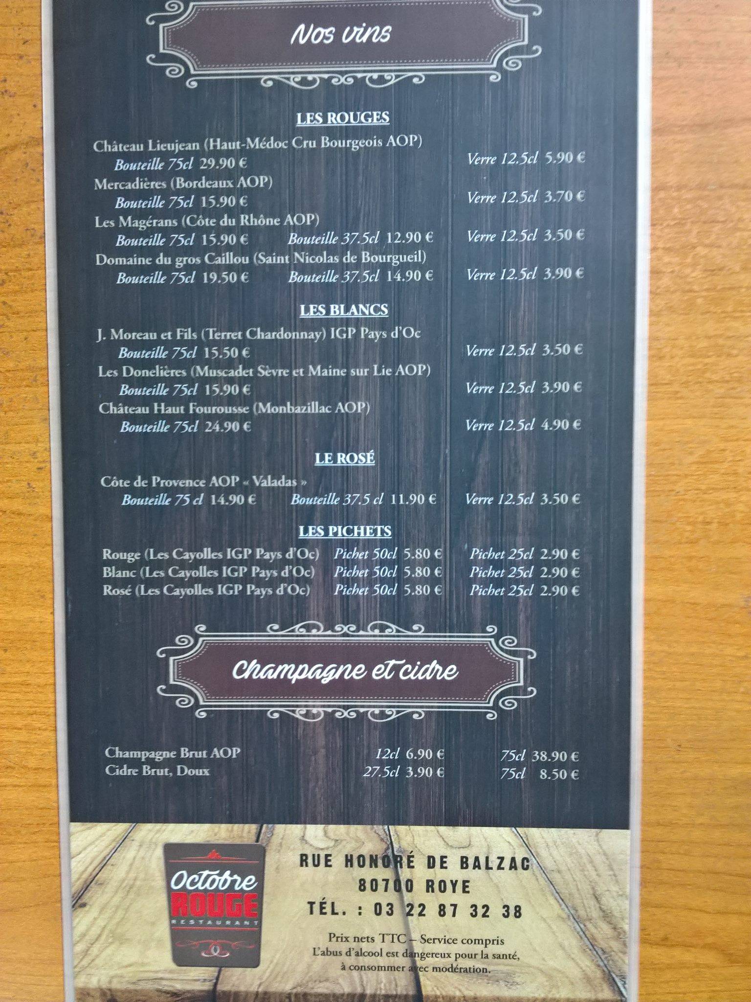 Restaurant Octobre Rouge меню