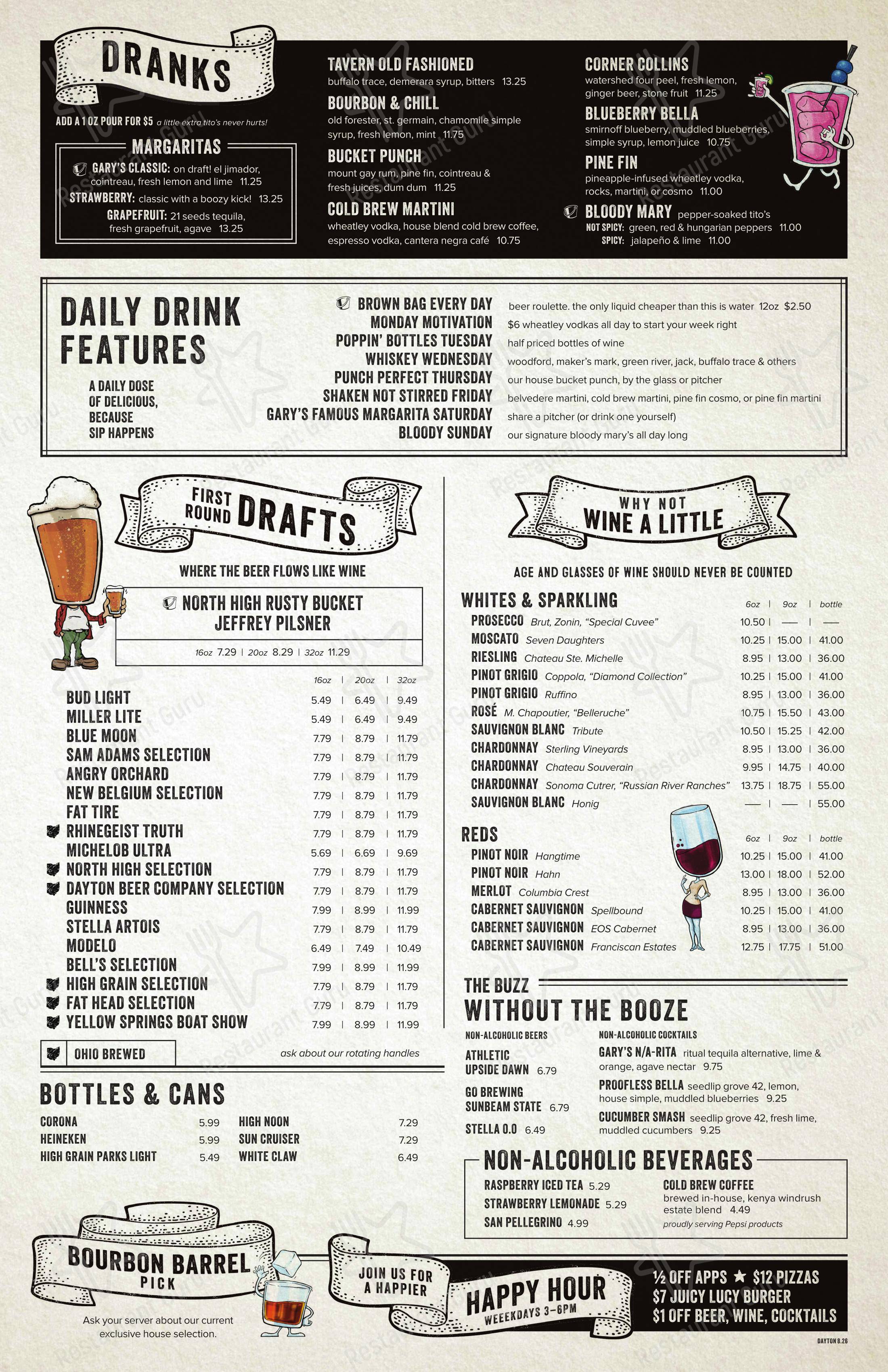 Основное меню паба и бара Rusty Bucket Restaurant and Tavern в Дейтоне