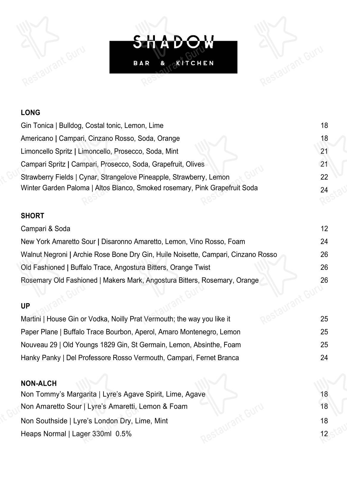 菜单 ресторана Shadow Bar & Kitchen