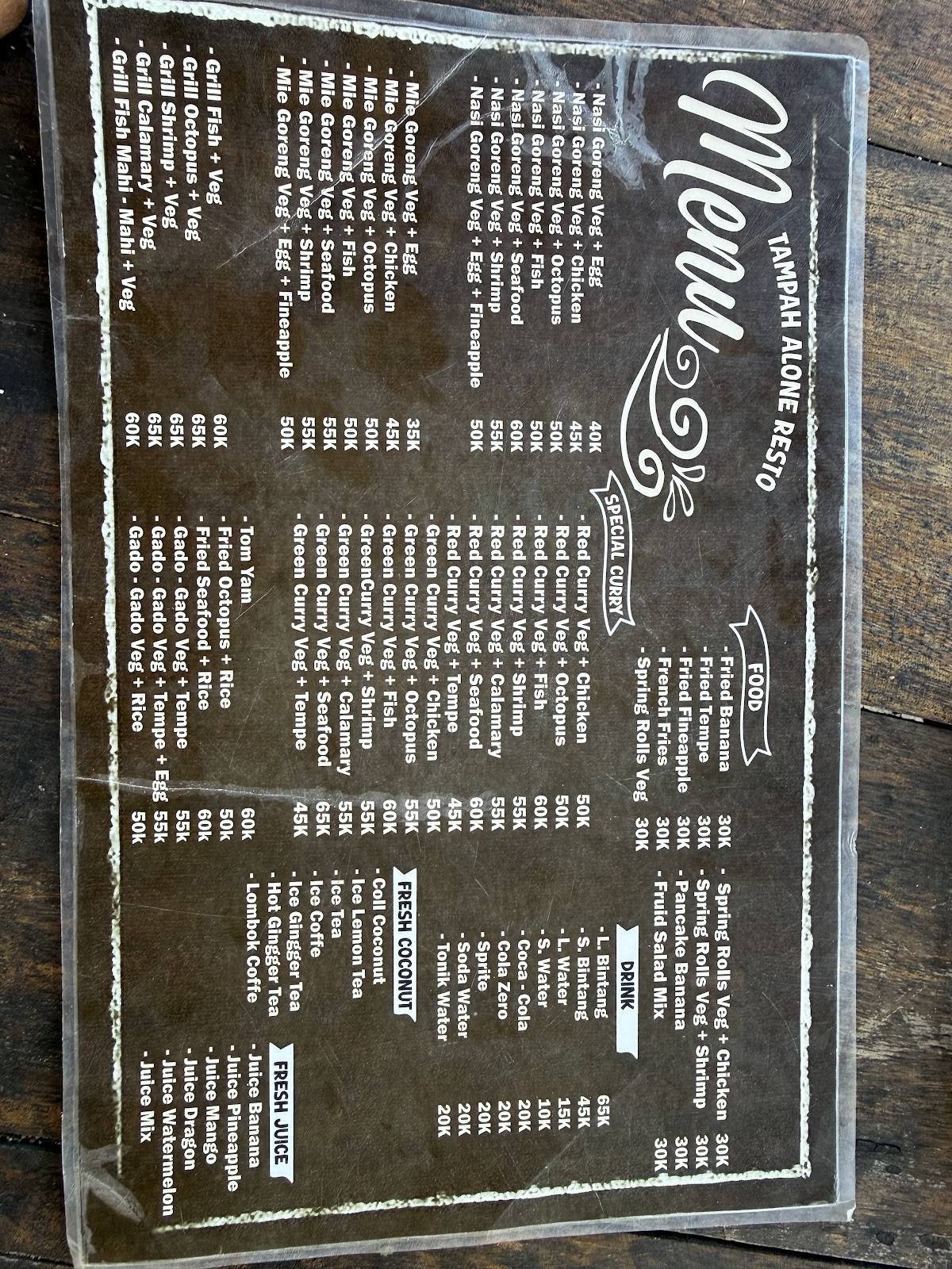 TAMPAH ALONE RESTO 2018 меню