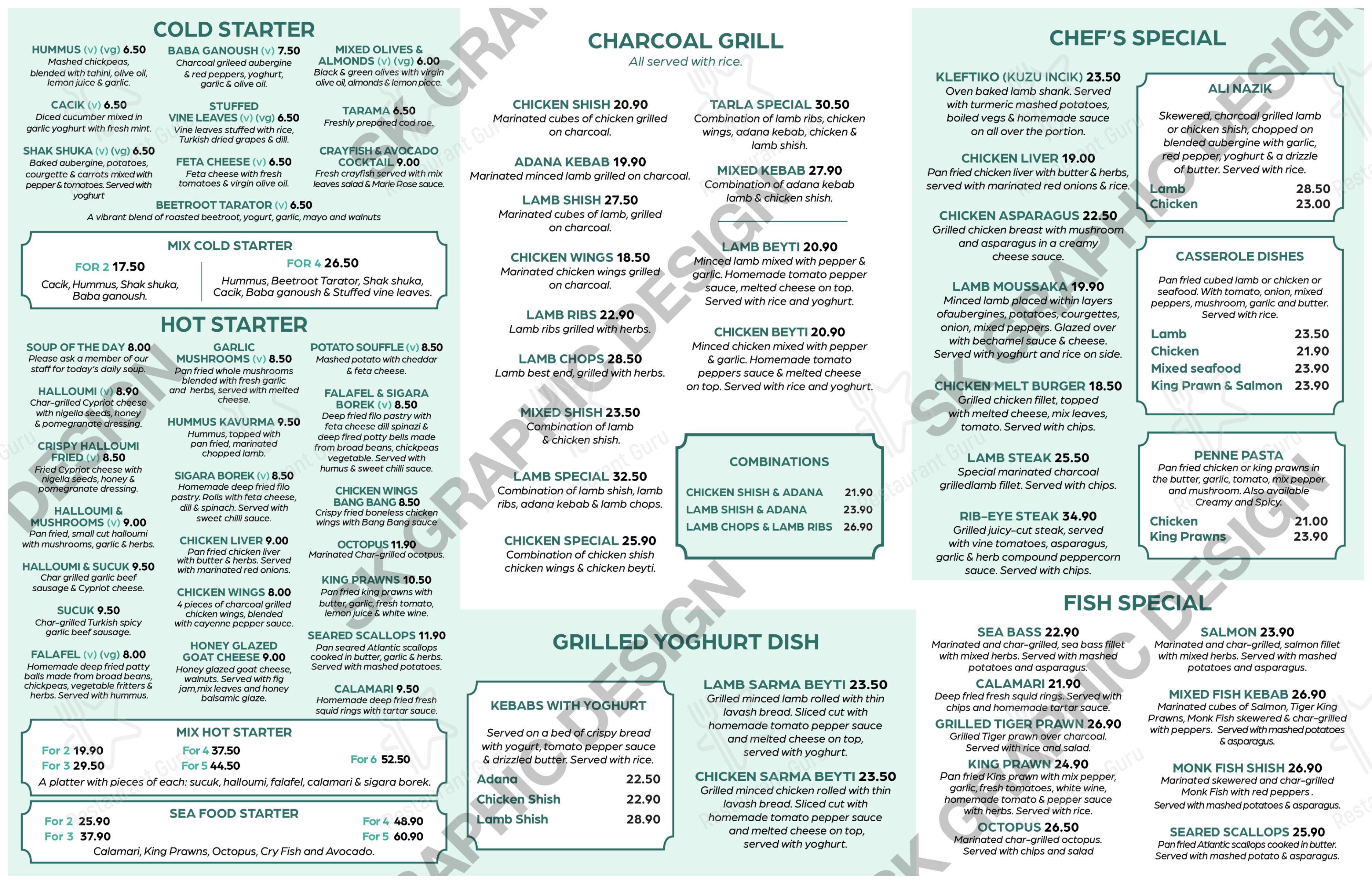 Ночное меню ресторана Tarla Restaurant в Стивенидже