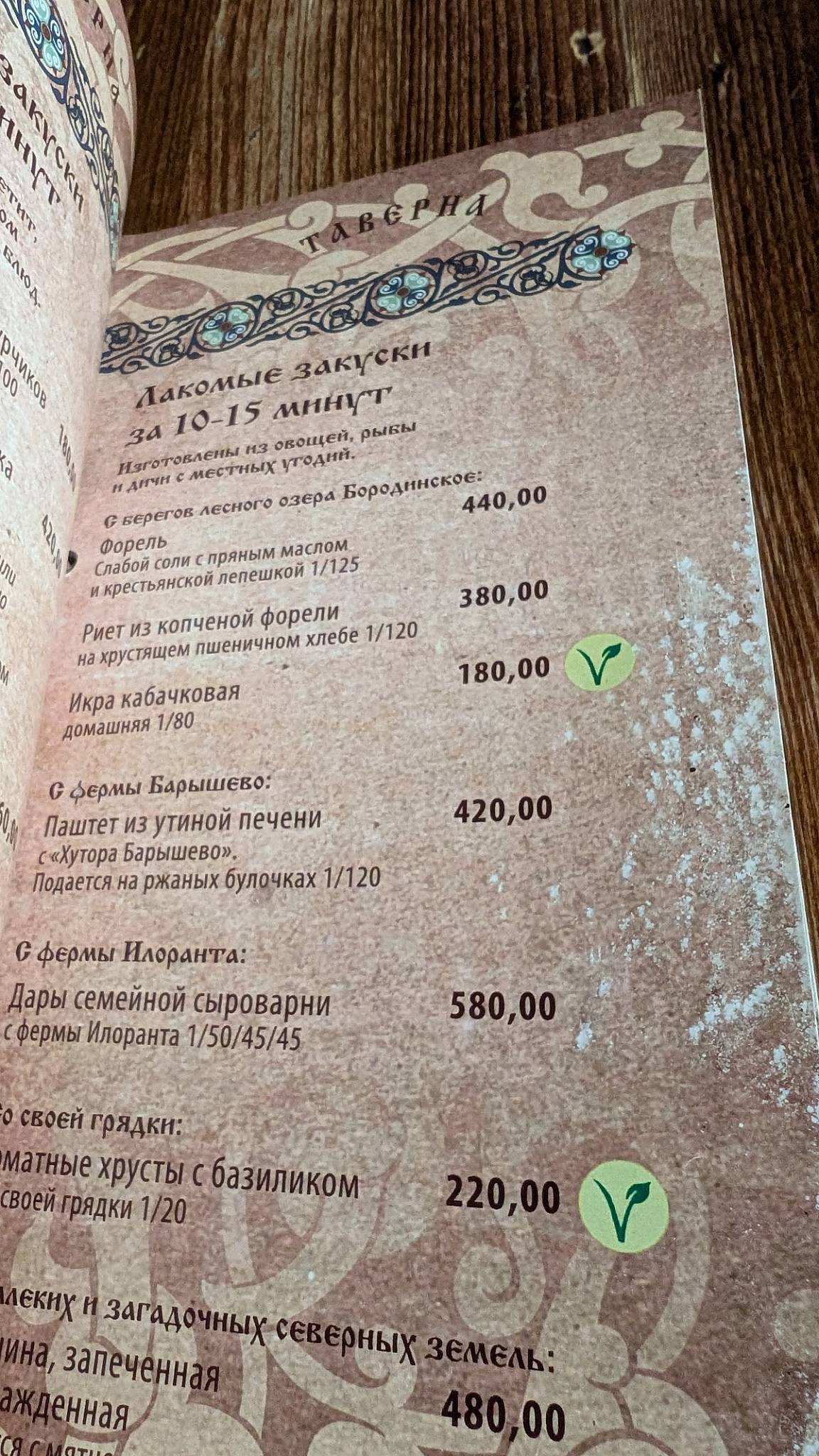 Средневековая таверна меню