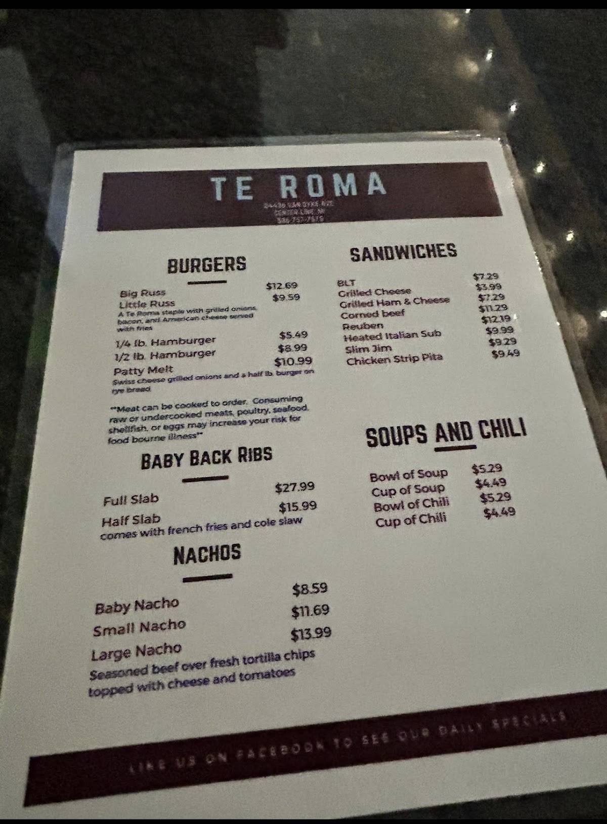 Te Roma меню