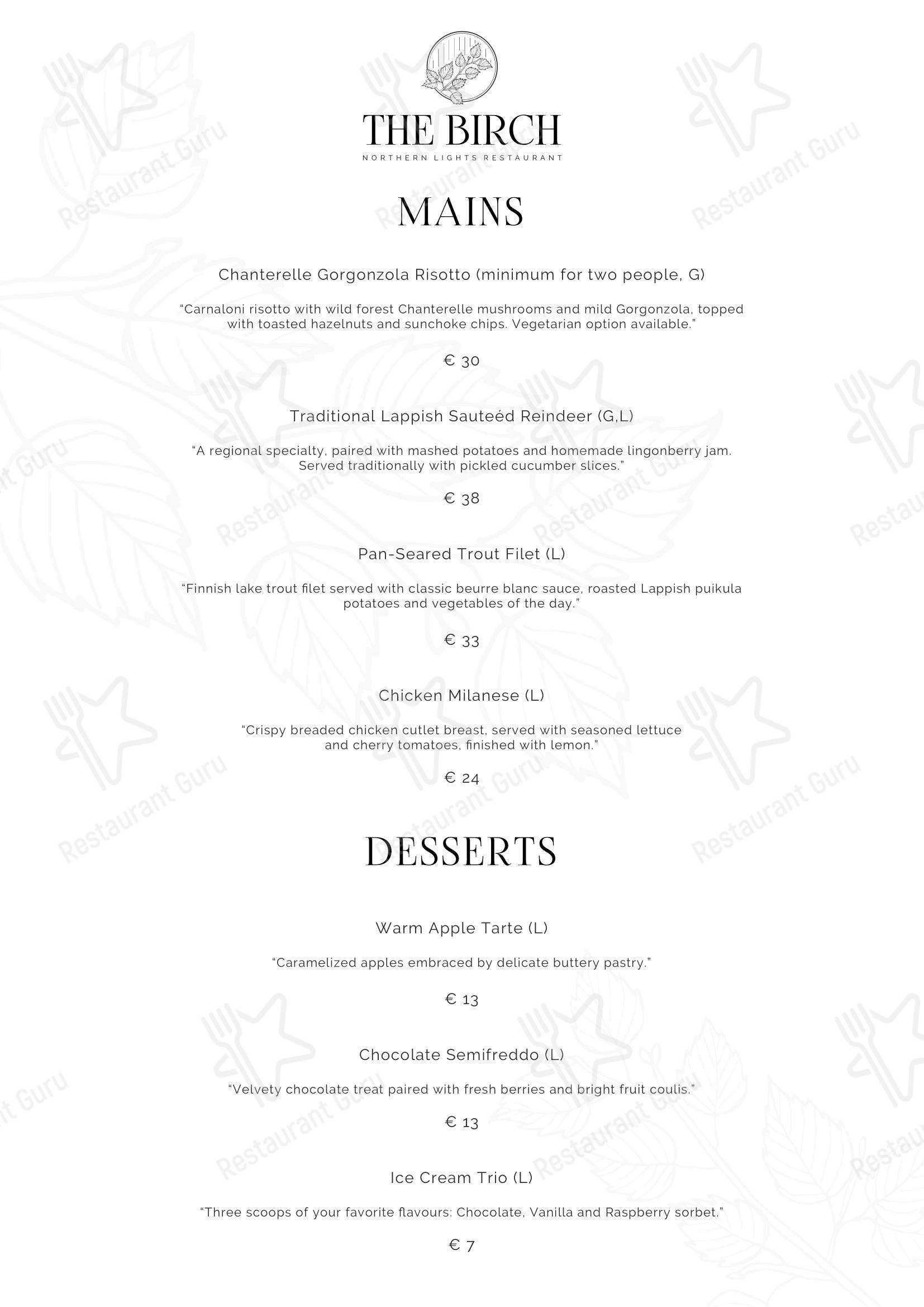 Меню ресторана The Birch - Northern Lights Restaurant