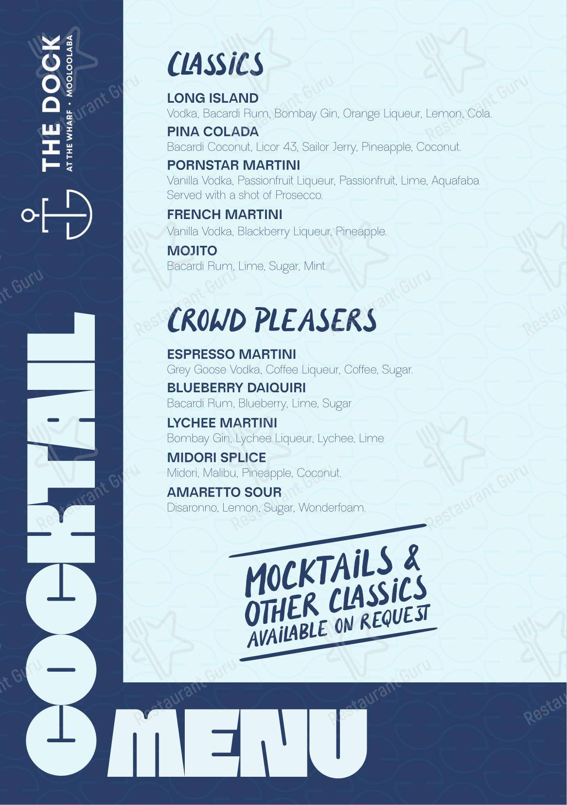 Меню паба и бара The Dock Mooloolaba - Dinner Menu