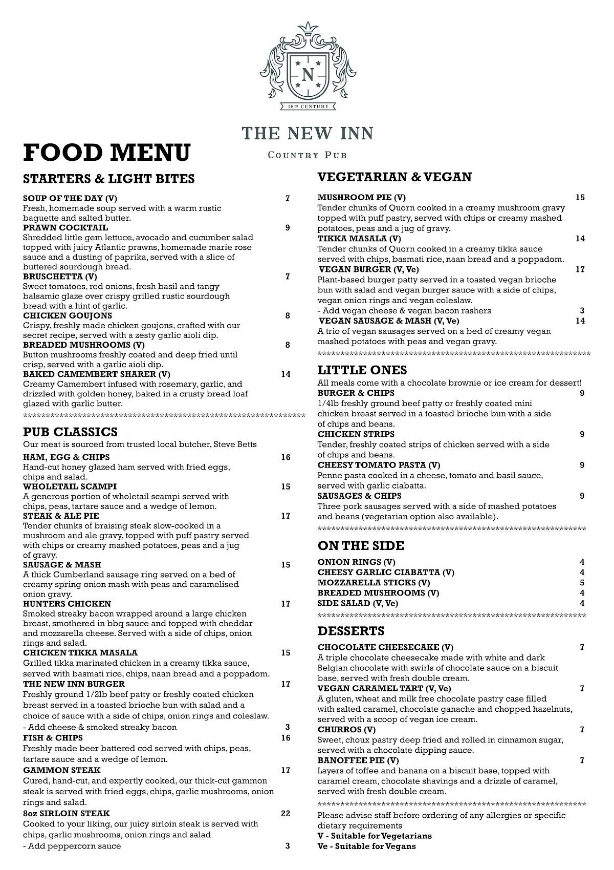 The New Inn меню