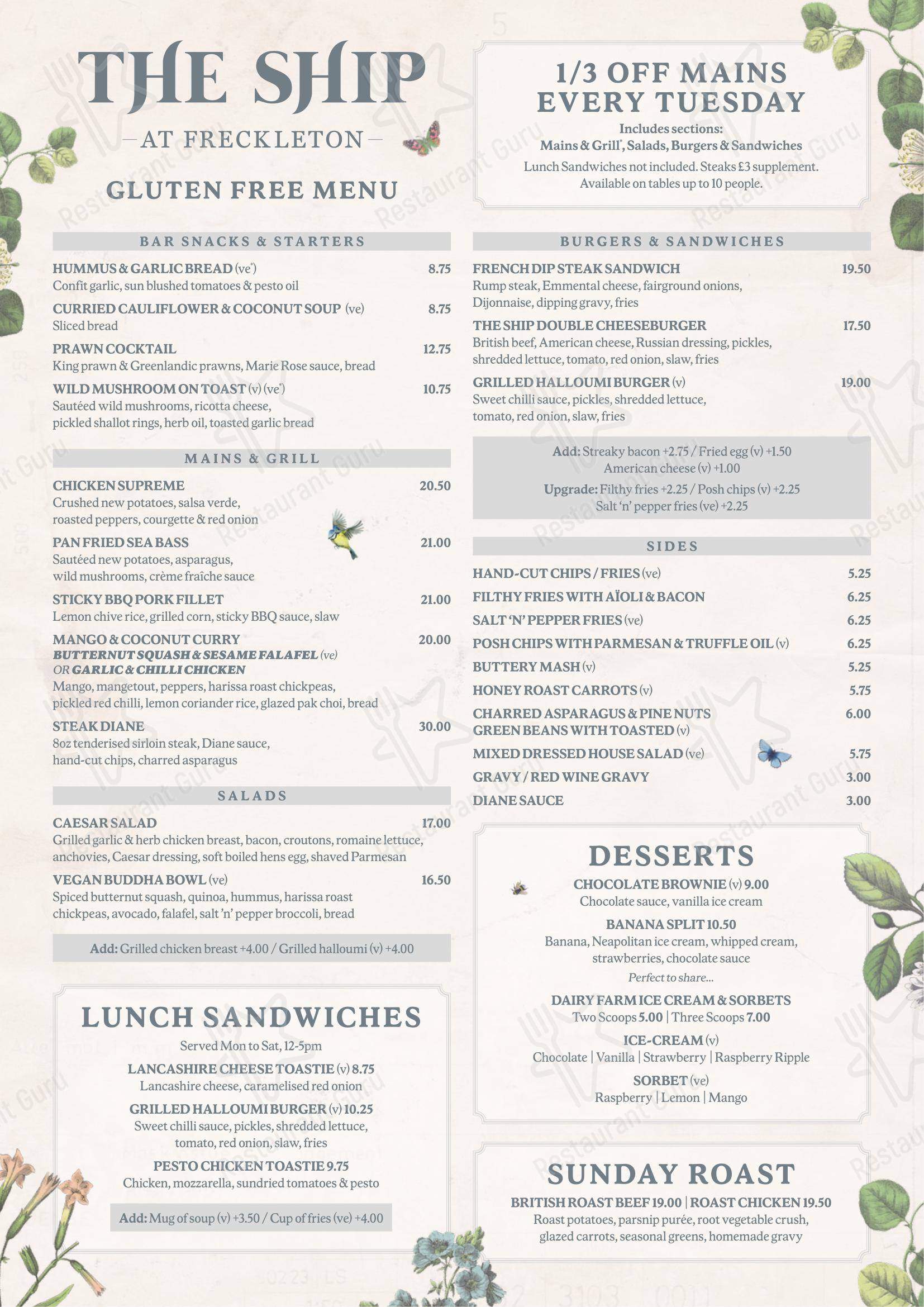 Меню паба и бара The Ship - Lunch Menu