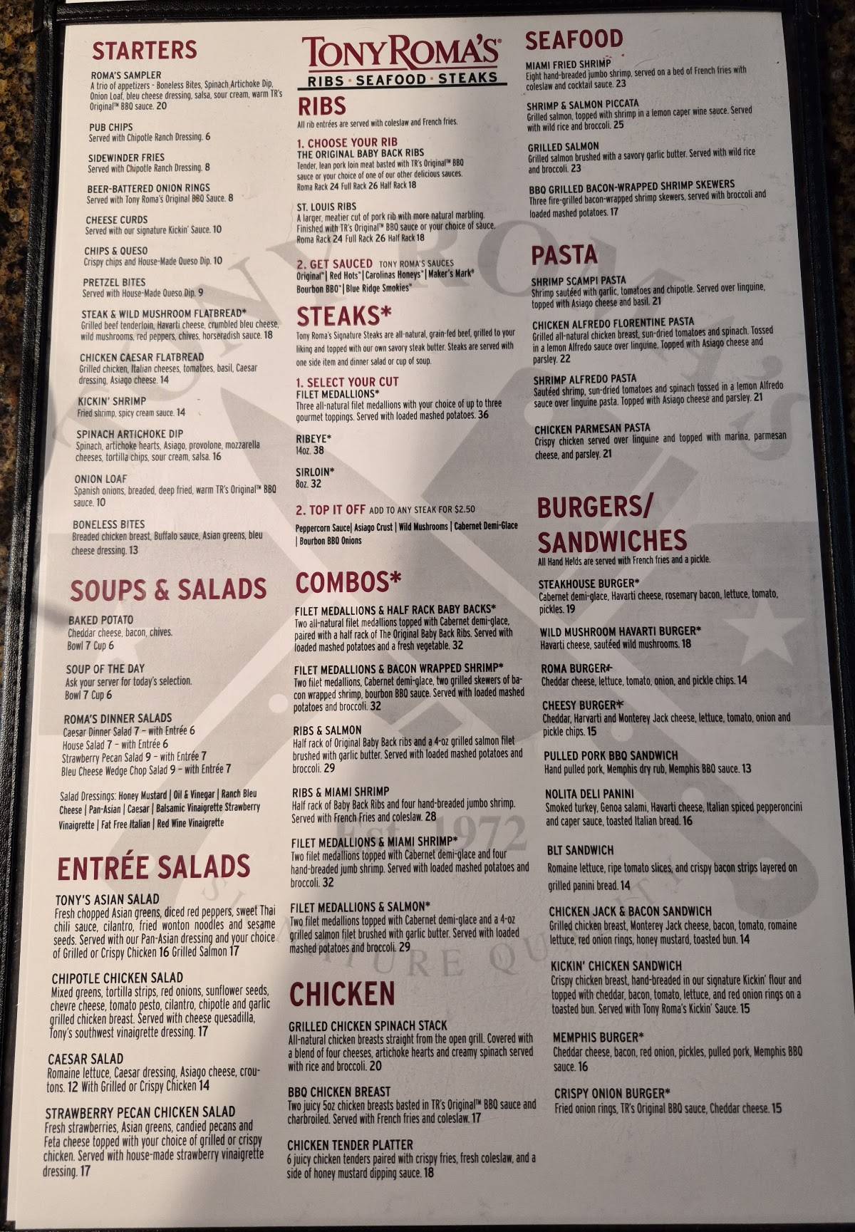 Tony Roma's меню