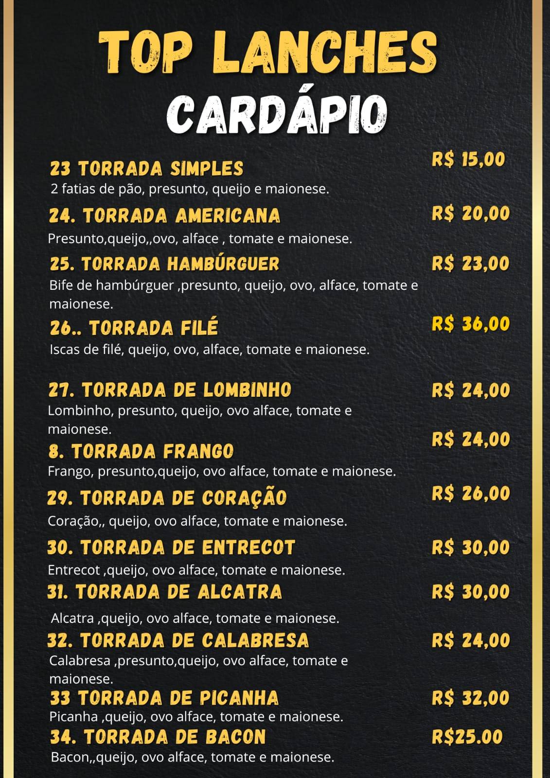 Top lanches меню