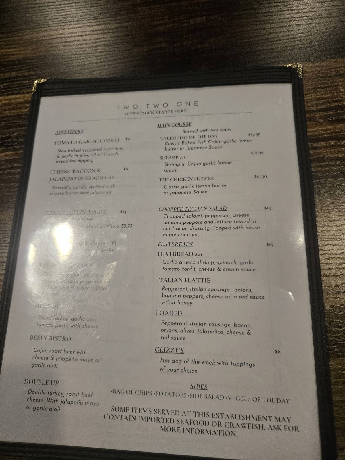 Two Two One Bistro & Bar меню