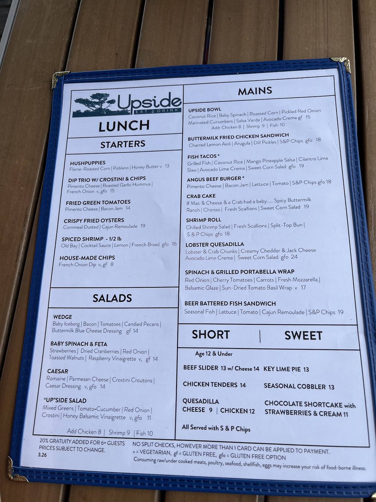 Upside Restaurant меню
