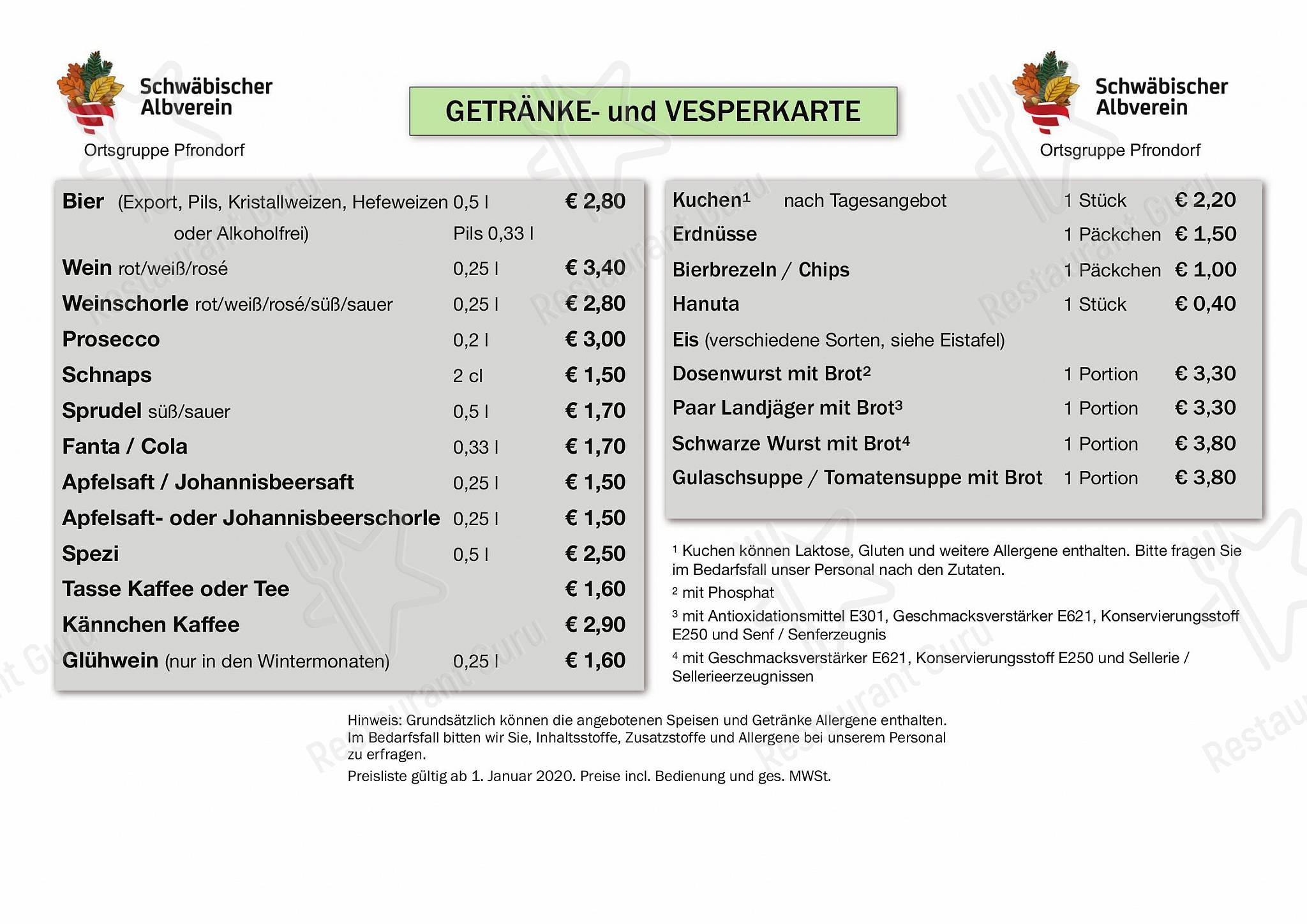 Меню ресторана Wanderheim Rauhalde