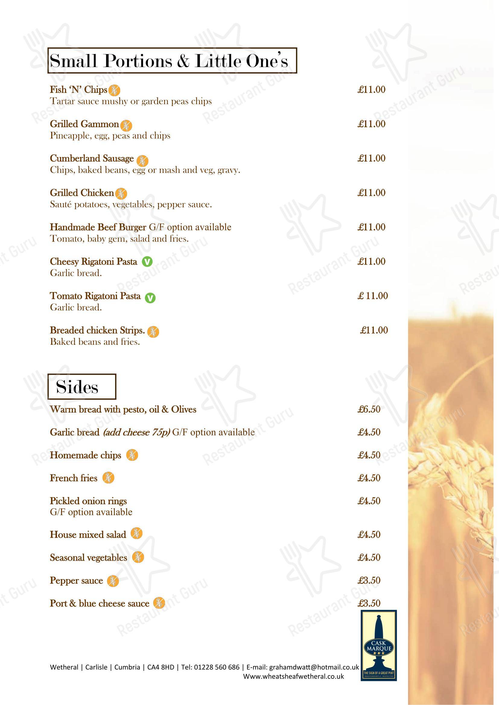 Основное меню паба и бара Wheatsheaf Inn