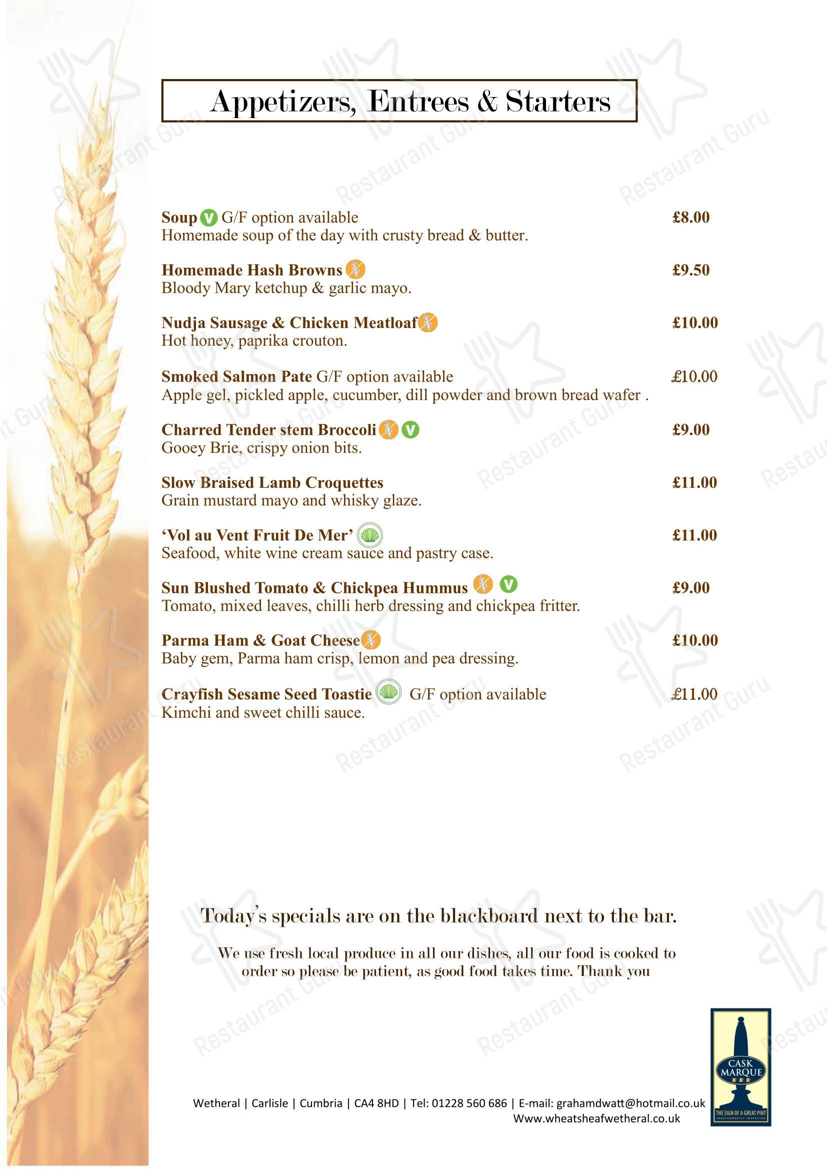 Wheatsheaf Inn в Карлайле - Основное меню