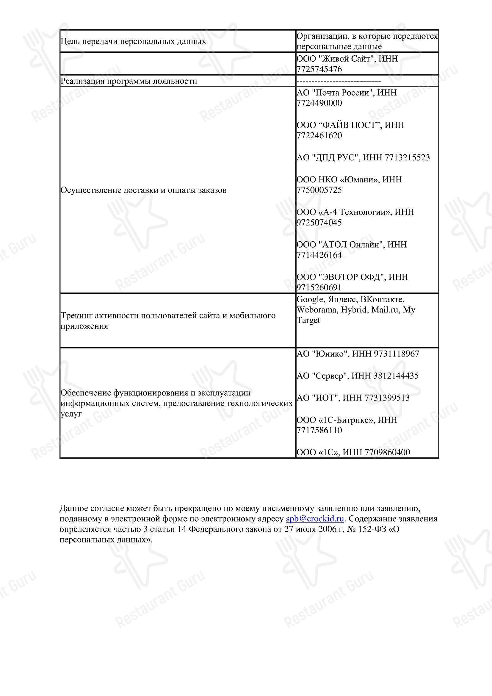 Белый кот в Москве - Меню