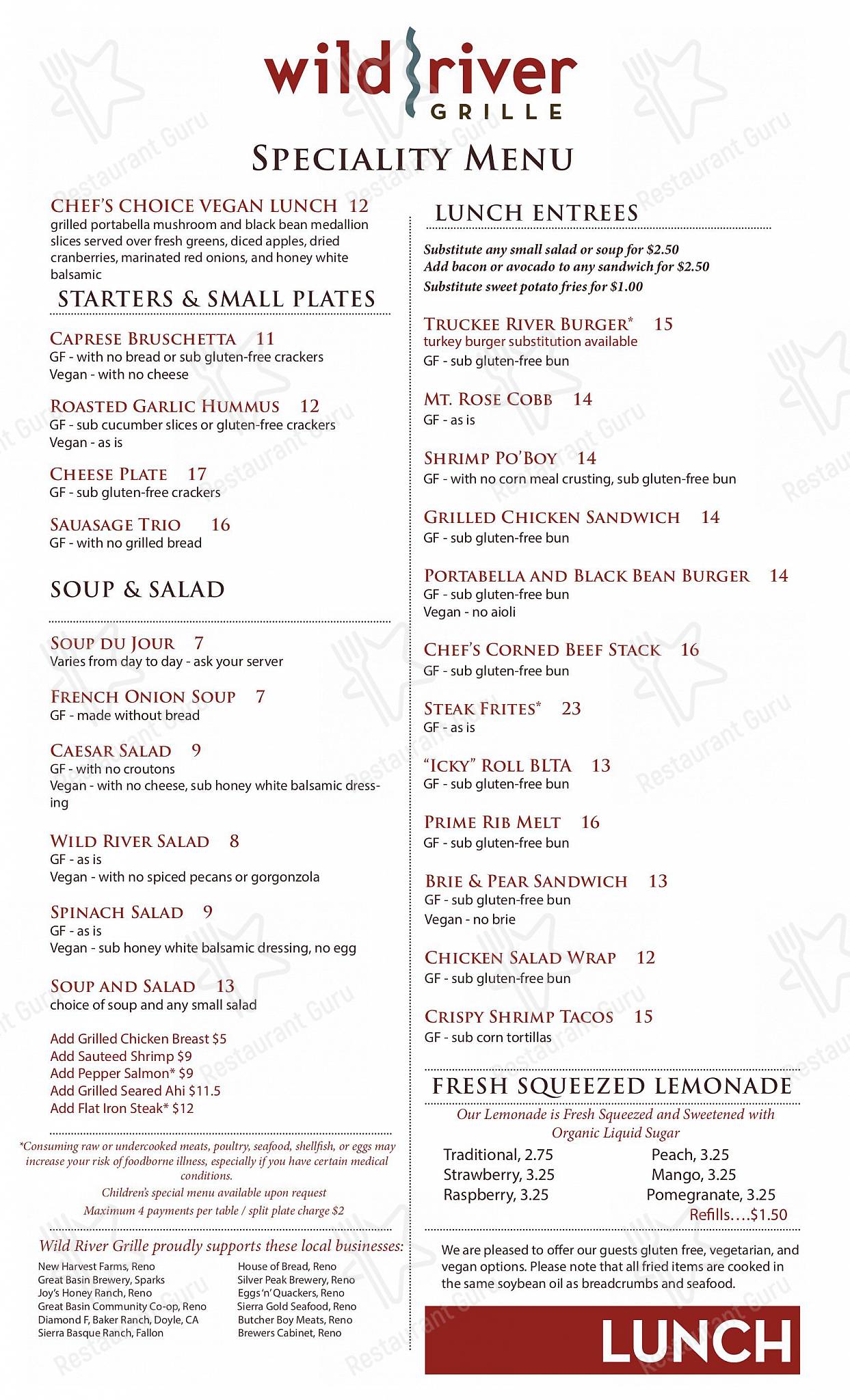 Special menu паба и бара Wild River Grille в Рино