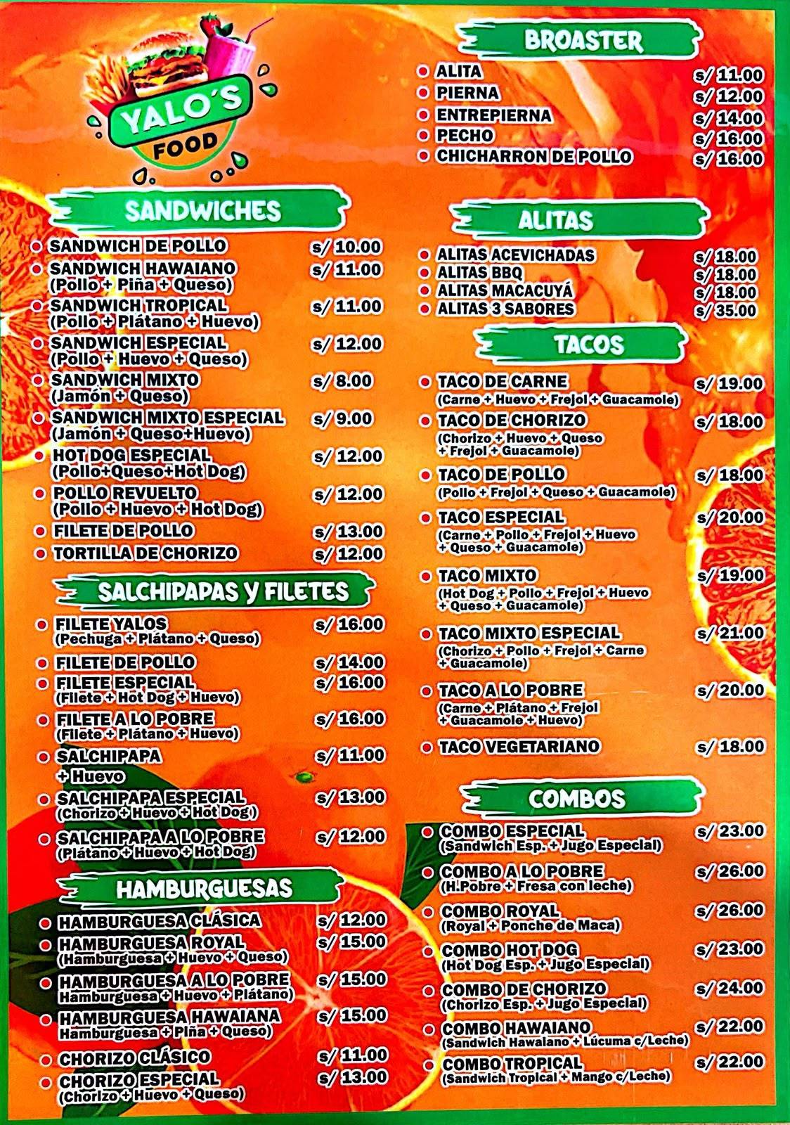 Yalos"Food меню