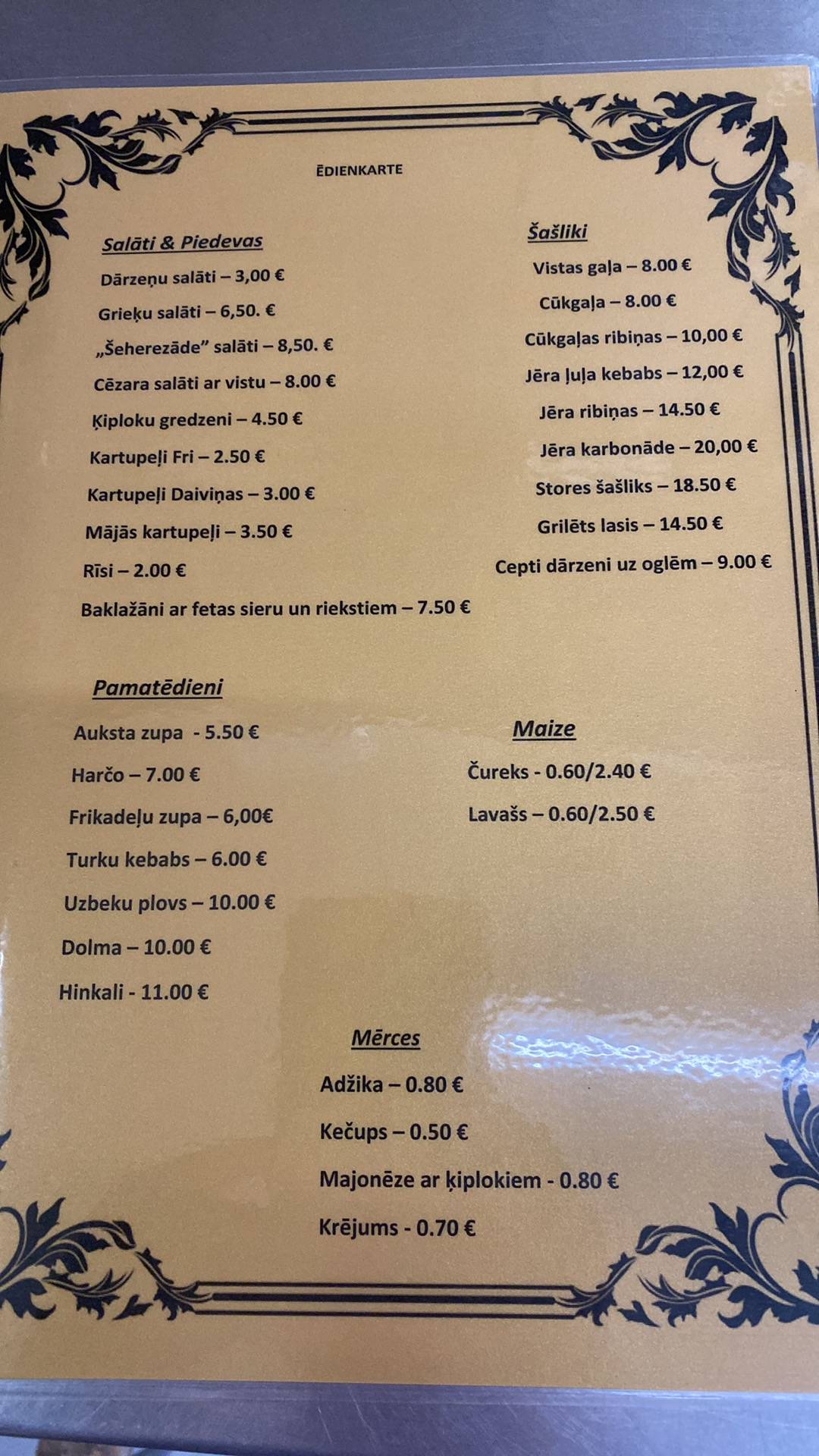 Šeherezade, kafejnīca меню