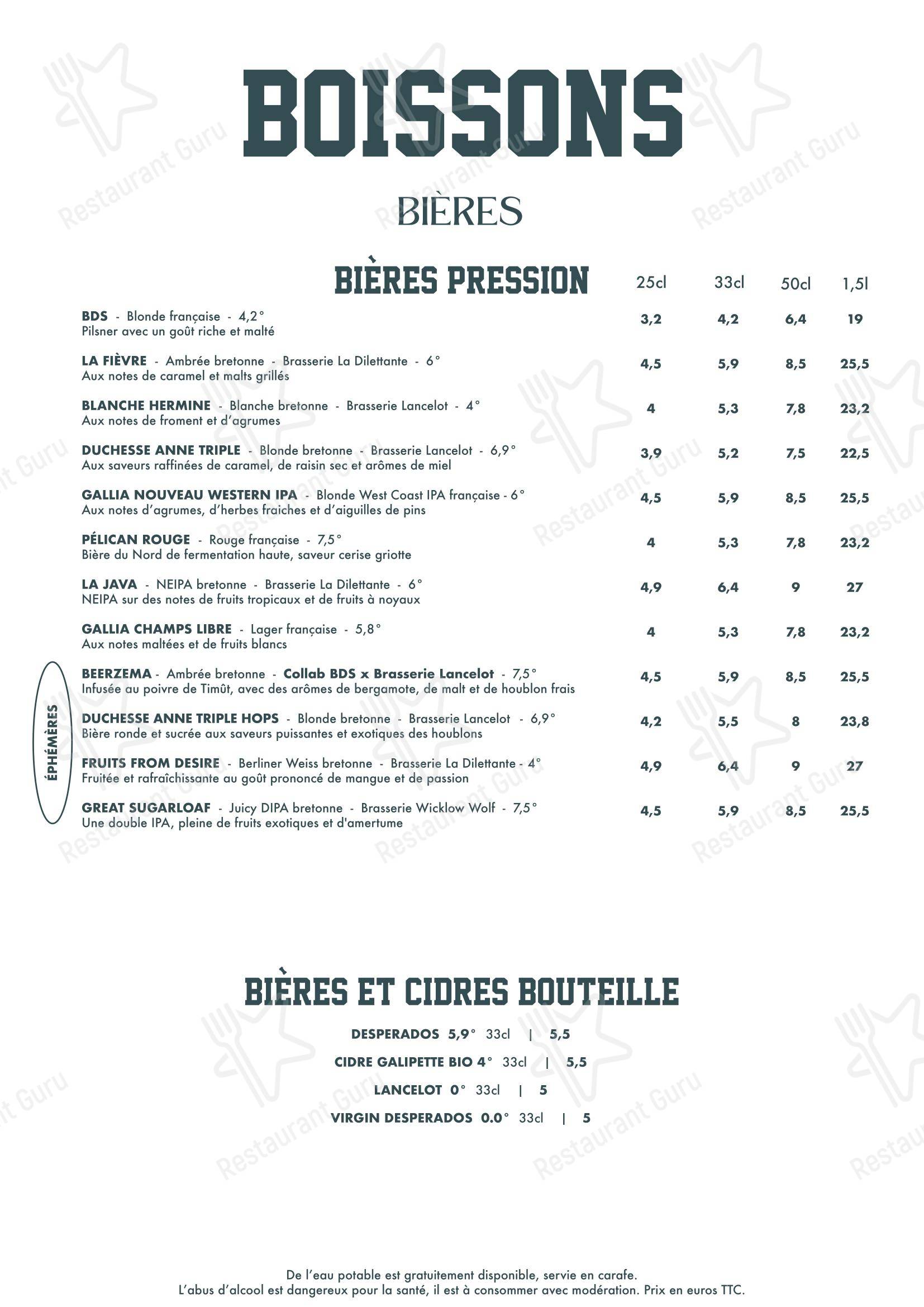 菜单 ресторана Bds Restaurant в Ренне
