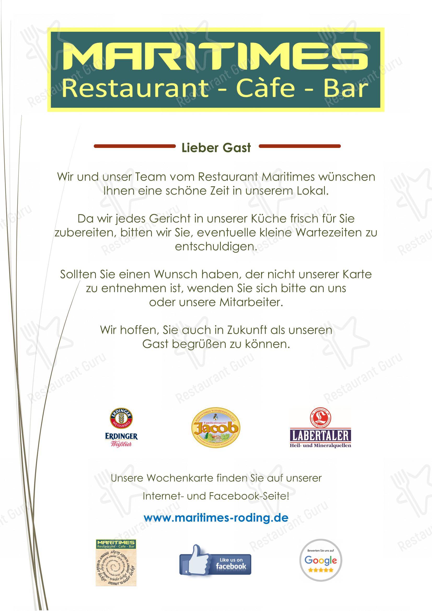 Меню ресторана Cafe Restaurant Maritimes