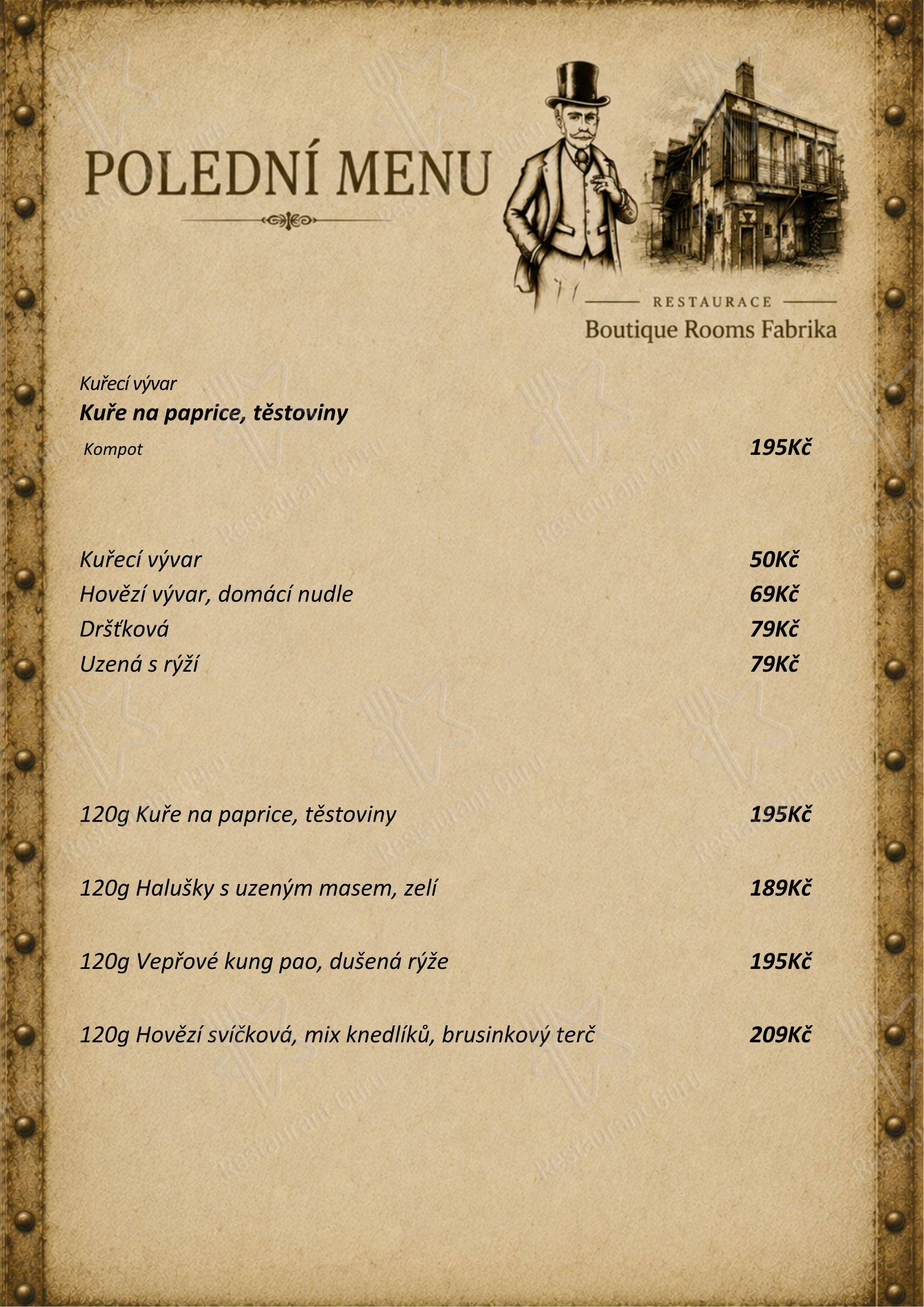 Меню ресторана Restaurace & Boutique Rooms Fabrika