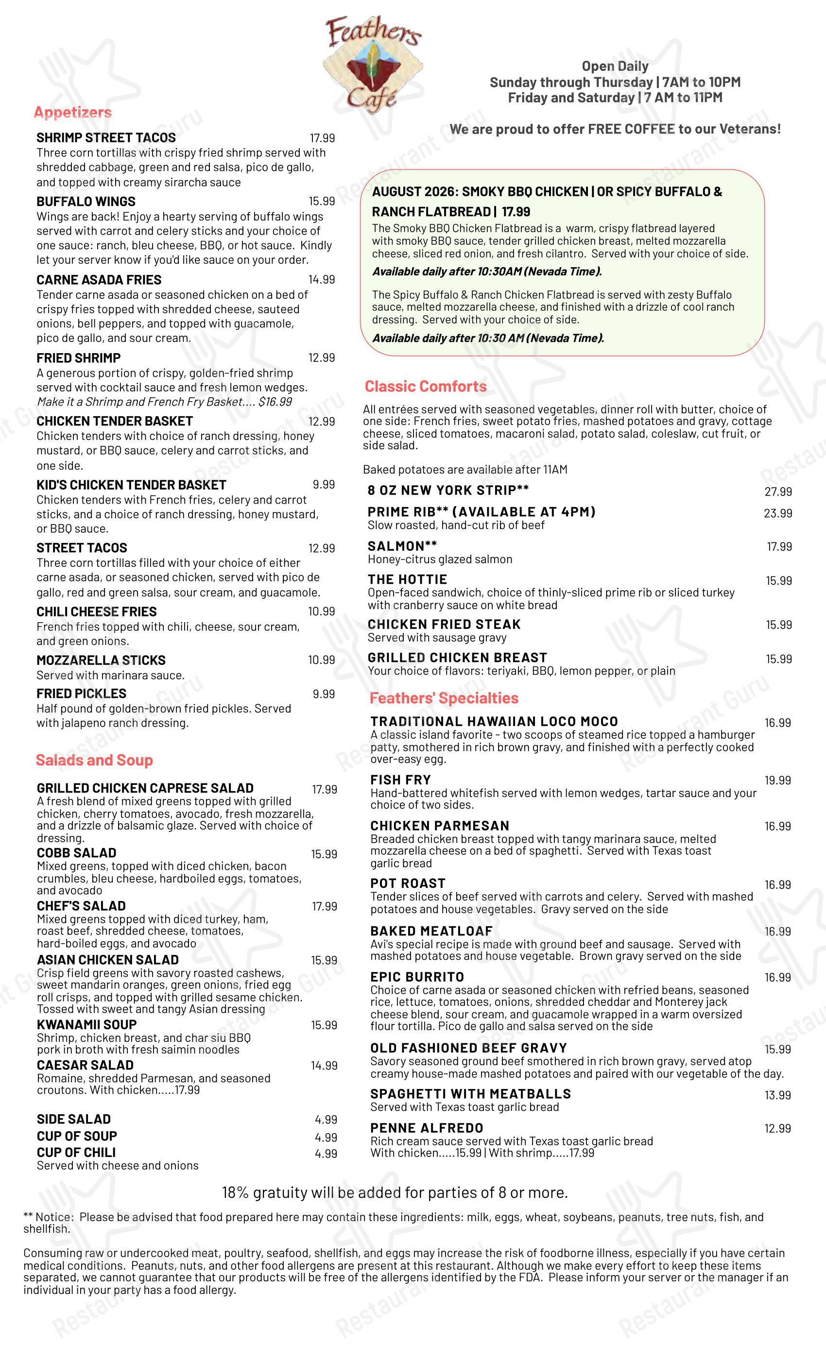 Feathers Cafe в Лафлине - Меню